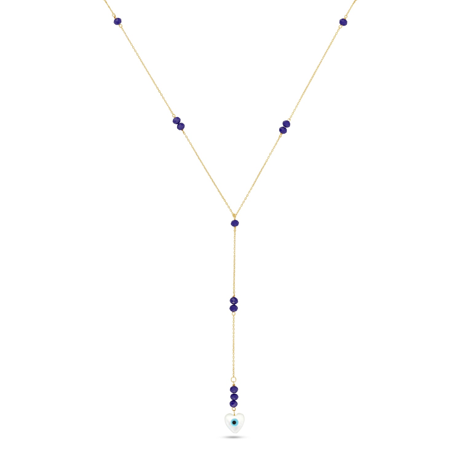 18k gold lariat necklace with blue beads and heart evil eye charm 