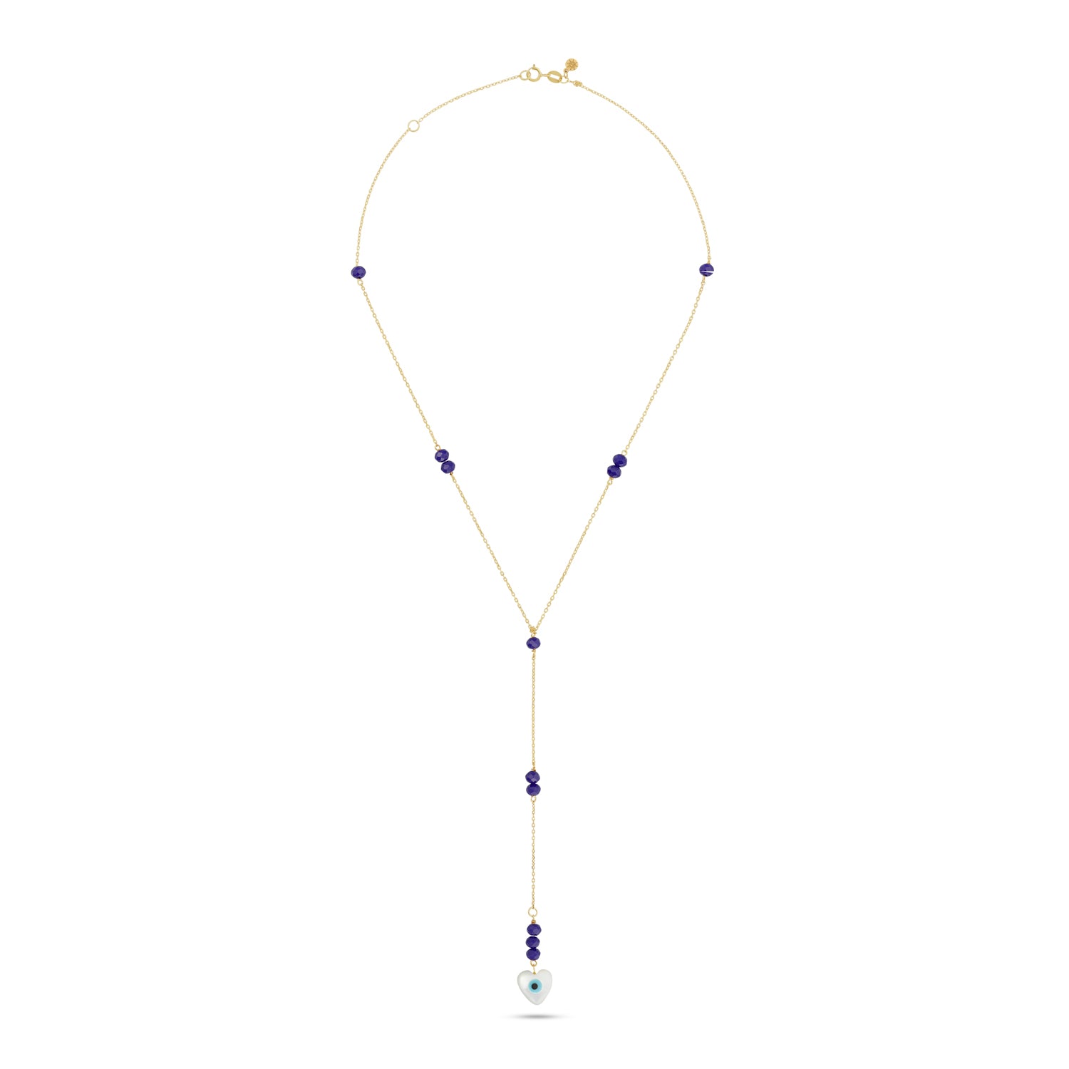 18k gold lariat necklace with blue beads and heart evil eye charm 