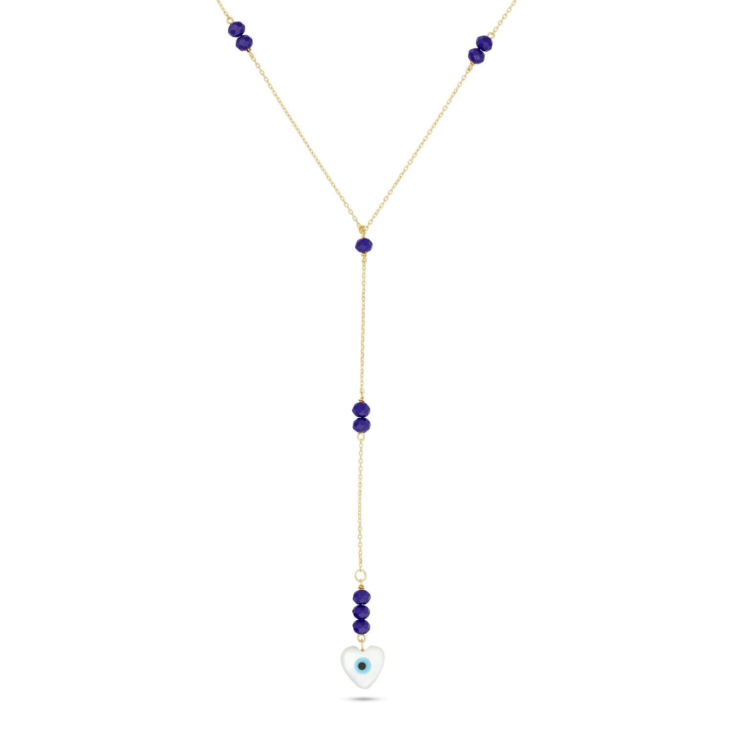 18k gold lariat necklace with blue beads and heart evil eye charm 