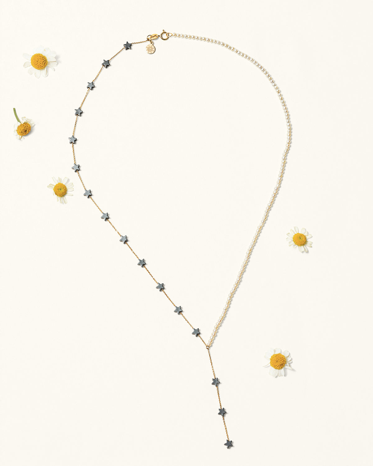 18k gold lariat necklace with freshwater pearls and hematite star beads