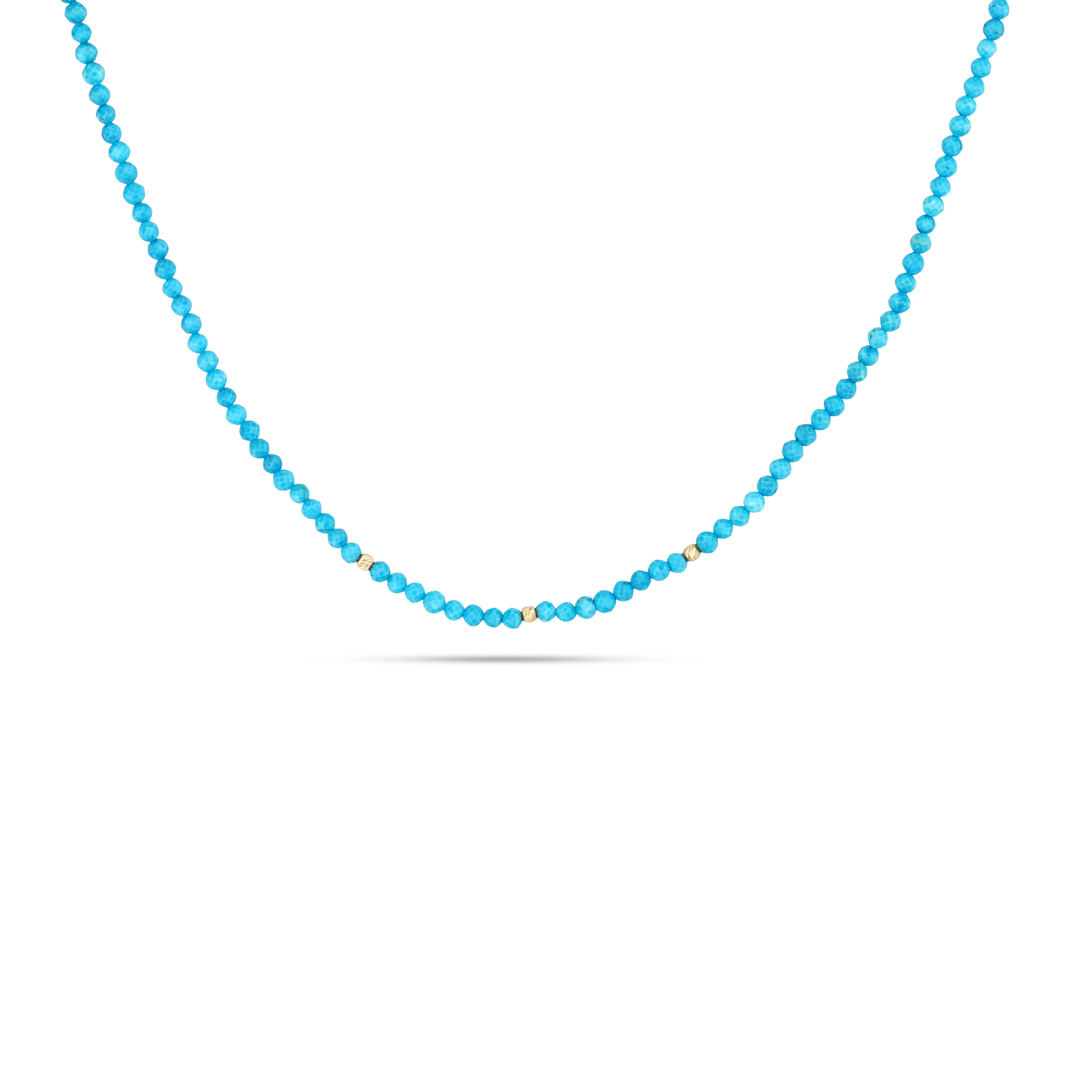 18k gold turquoise beaded necklace with three gold spacer beads and natural faceted turquoise stones, fine women’s jewelry necklace, Summer Confessions Jewelry