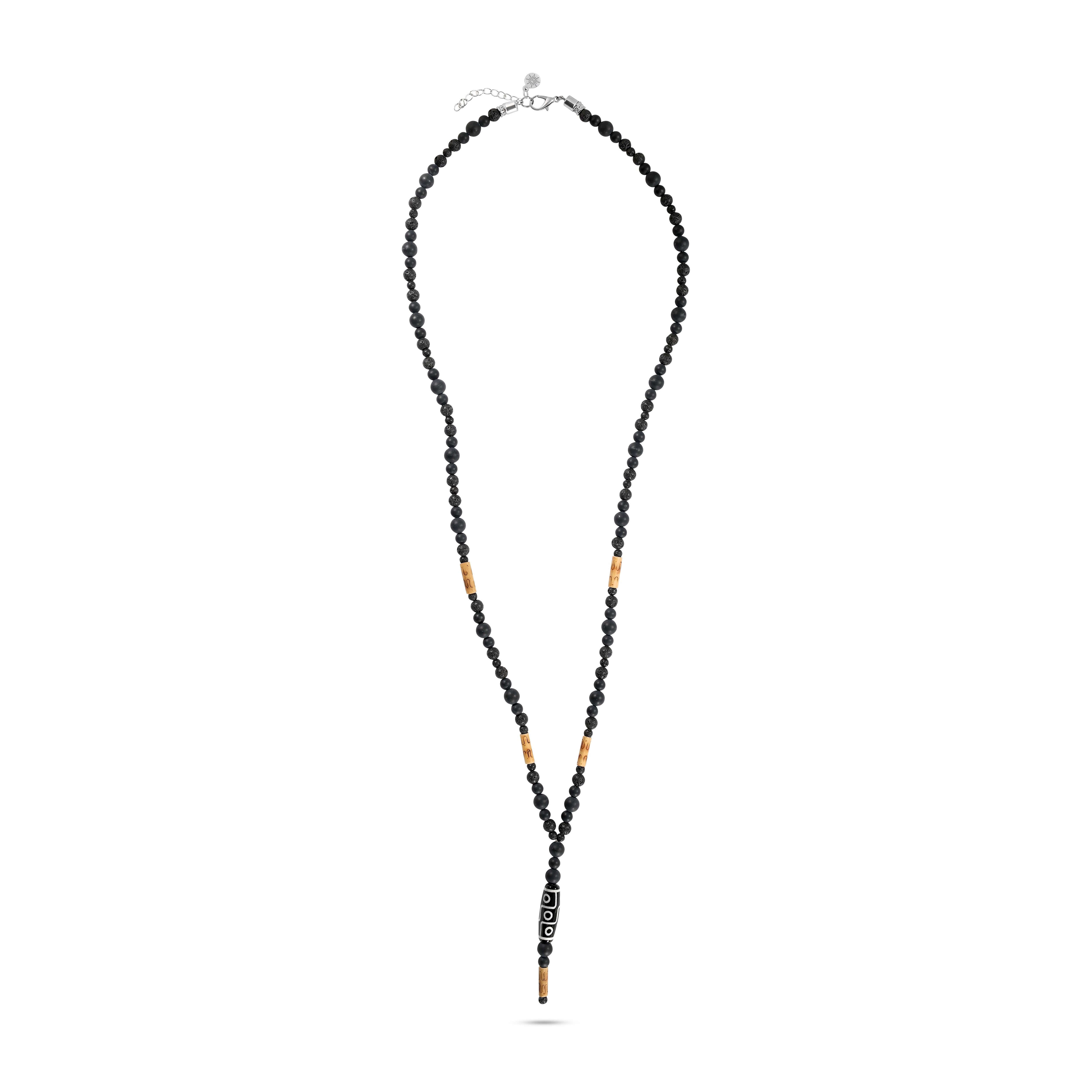 Long men’s boho necklace with matte black agate and lava beads, featuring nine-eye Tibetan agate pendant and bamboo accents, adjustable beaded chain.