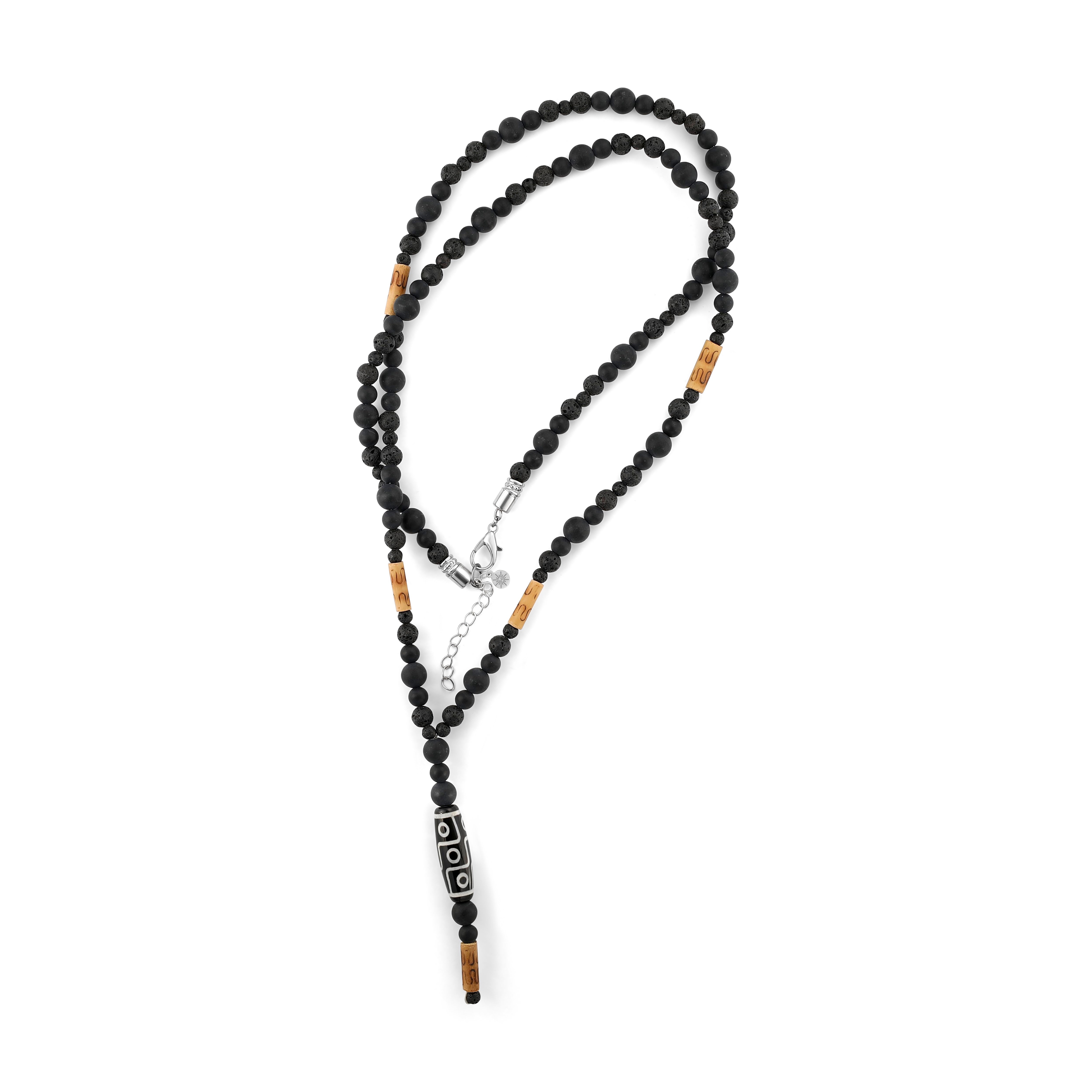Long men’s boho necklace with matte black agate and lava beads, featuring nine-eye Tibetan agate pendant and bamboo accents, adjustable beaded chain.