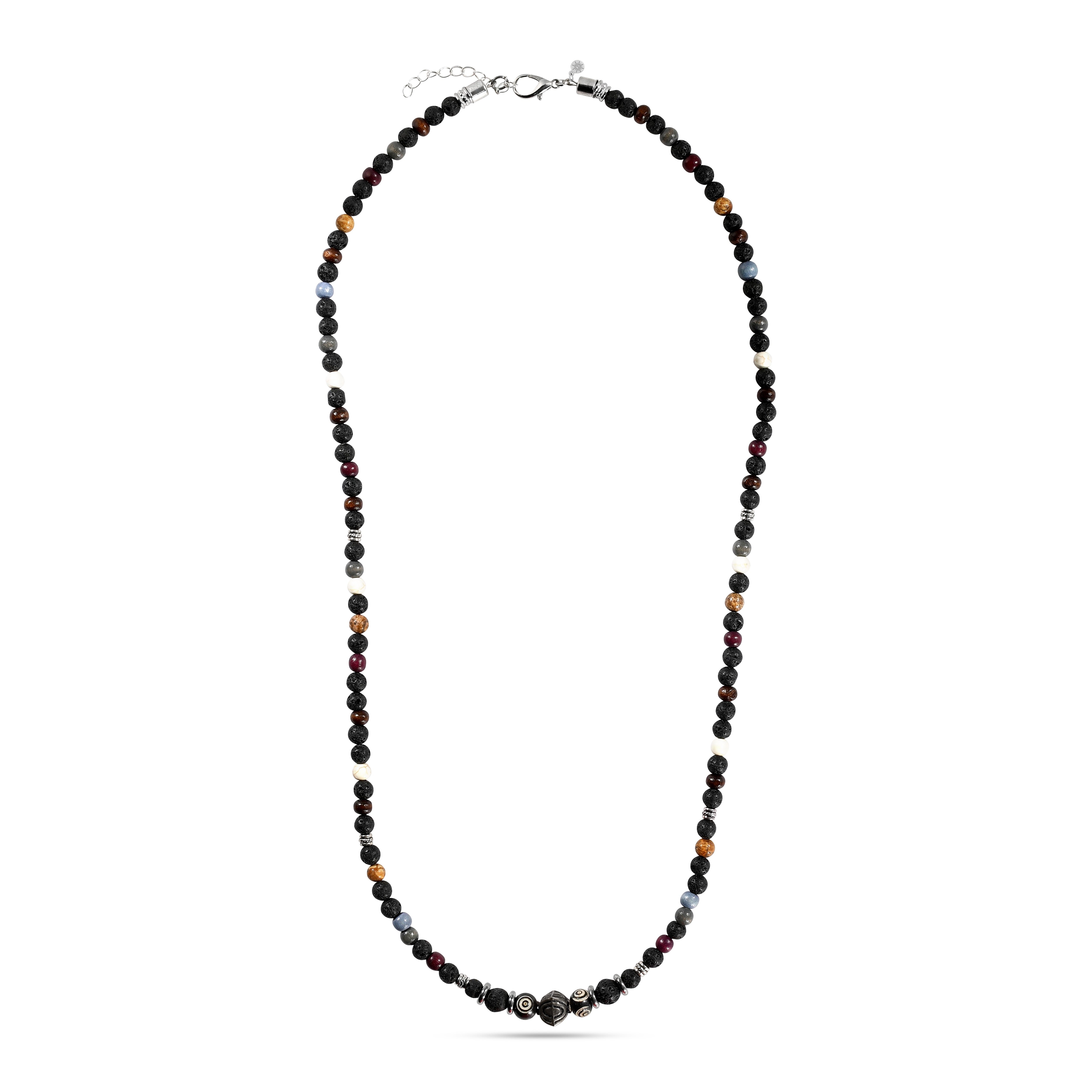 Men’s agate and lava stone beaded necklace with antique silver center beads and third eye detail, long adjustable boho tribal necklace.