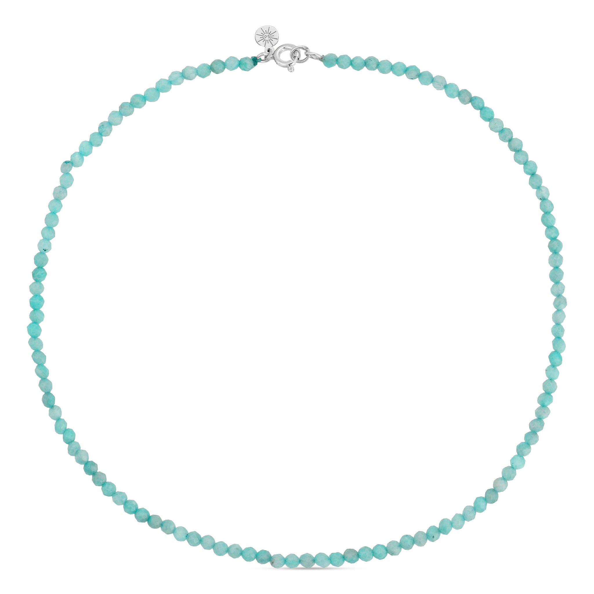 Ocean Light Aquamarine Necklace with natural faceted blue gemstone beads and silver clasp on a white background