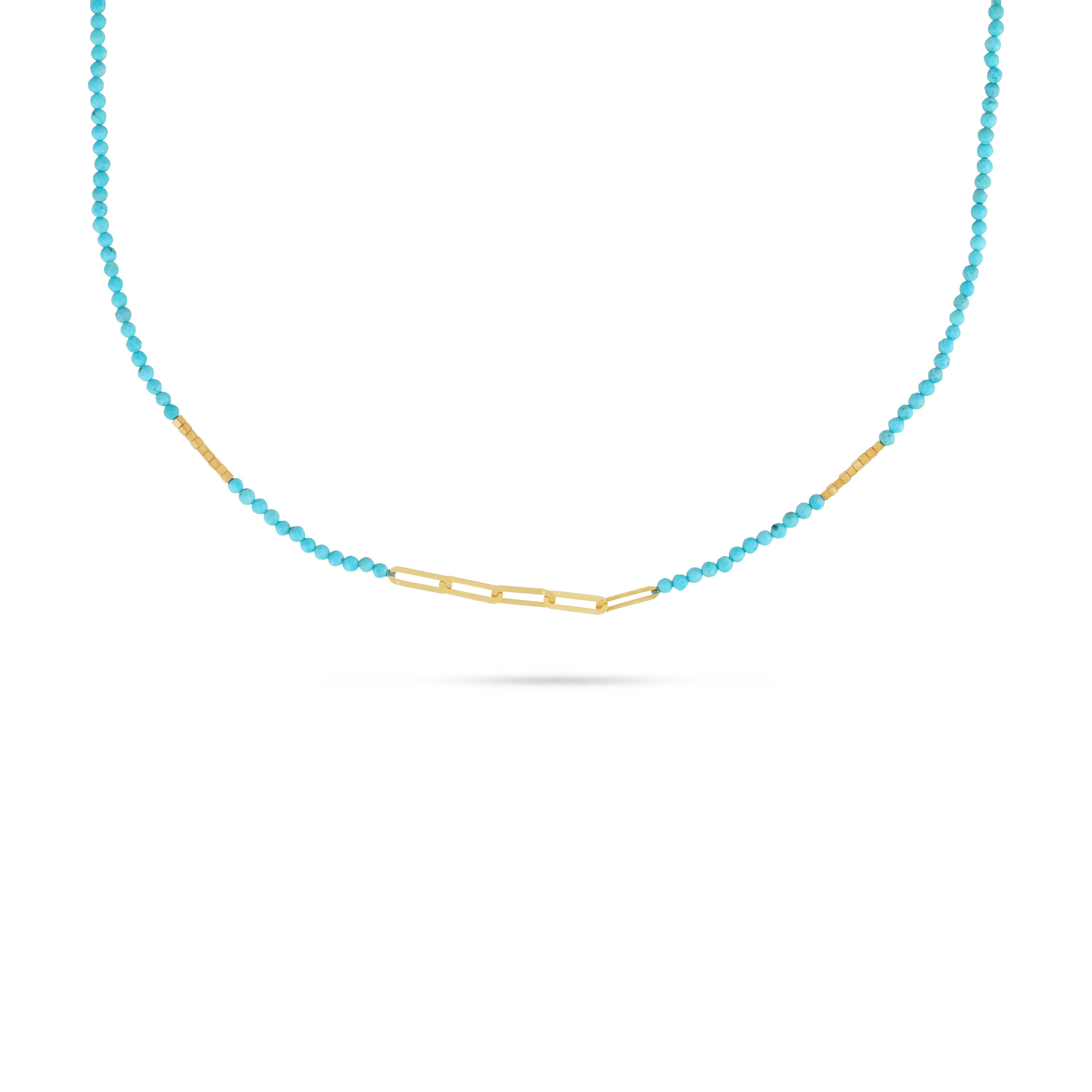 18k gold necklace with turquoise beads and central paper clip gold detail