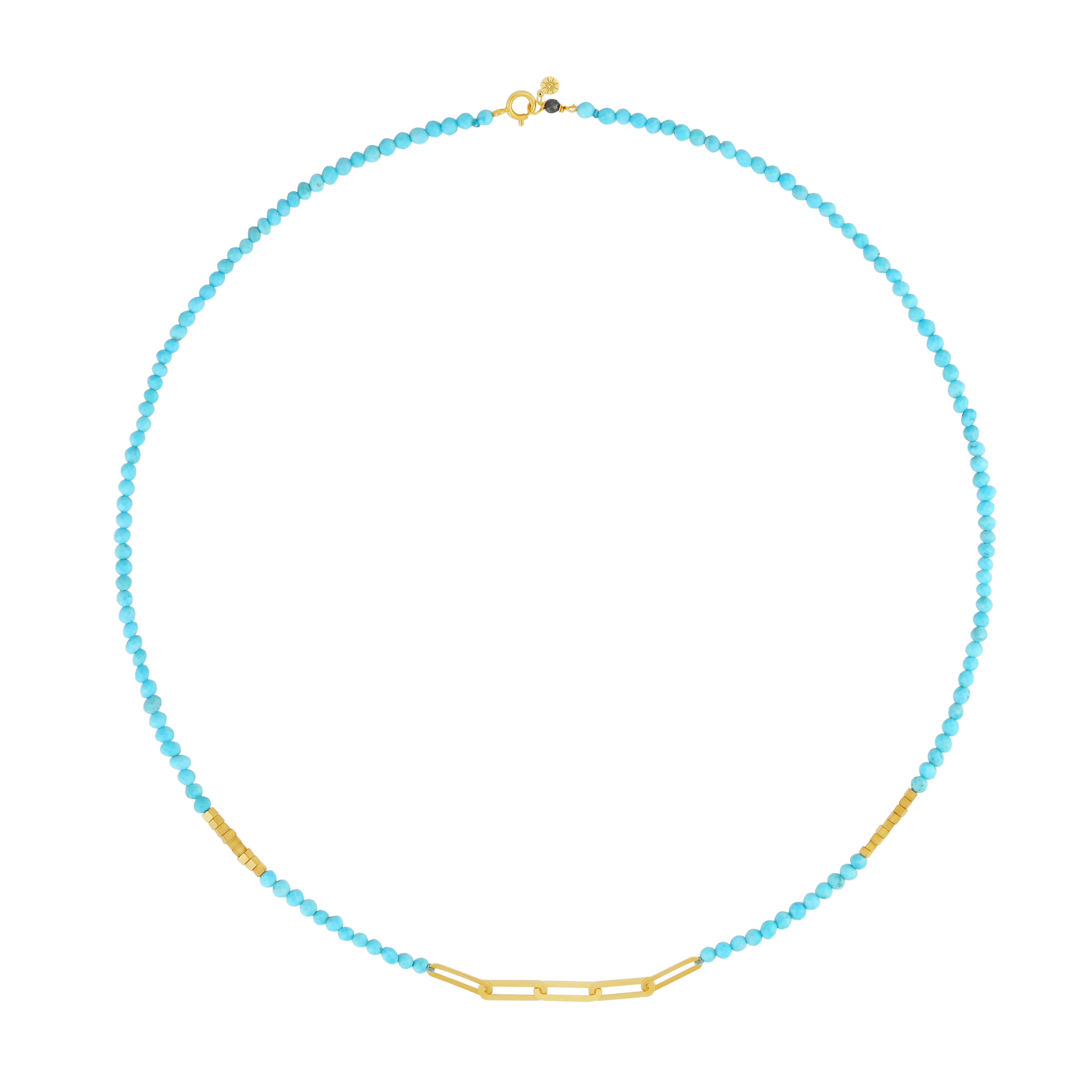 18k gold necklace with turquoise beads and central paper clip gold detail