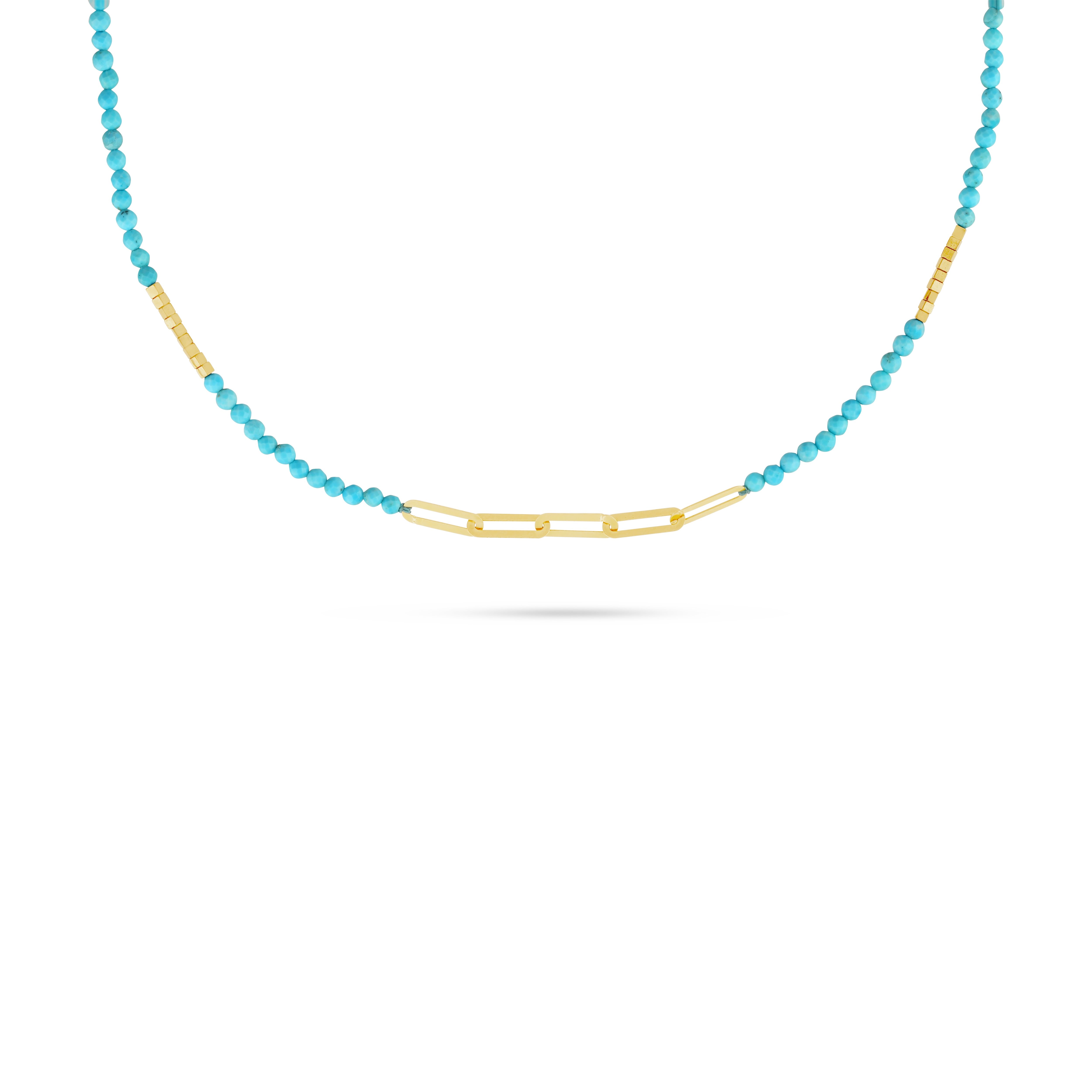 18k gold necklace with turquoise beads and central paper clip gold detail