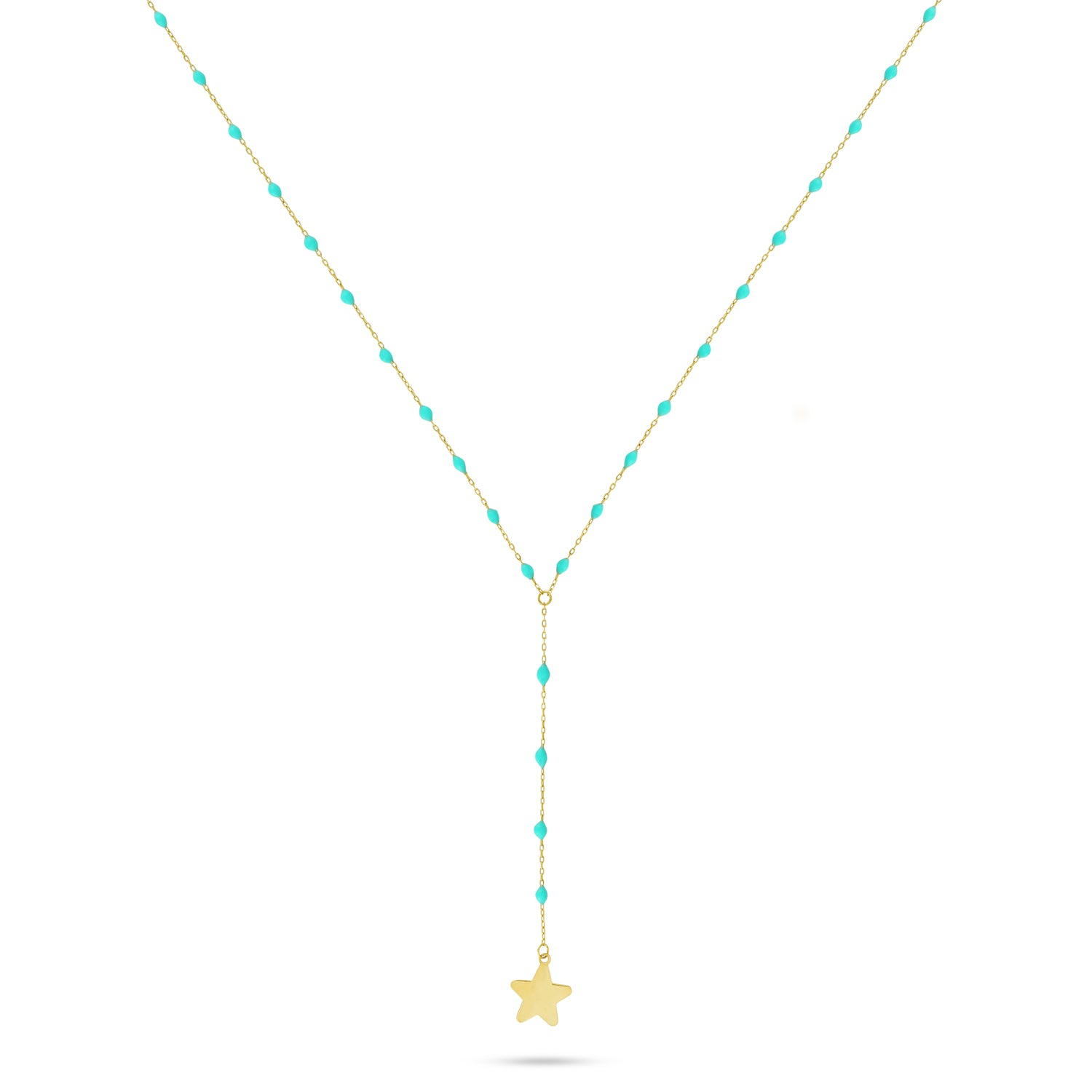 18k gold lariat necklace with blue enamel accents and a delicate star charm on a white background