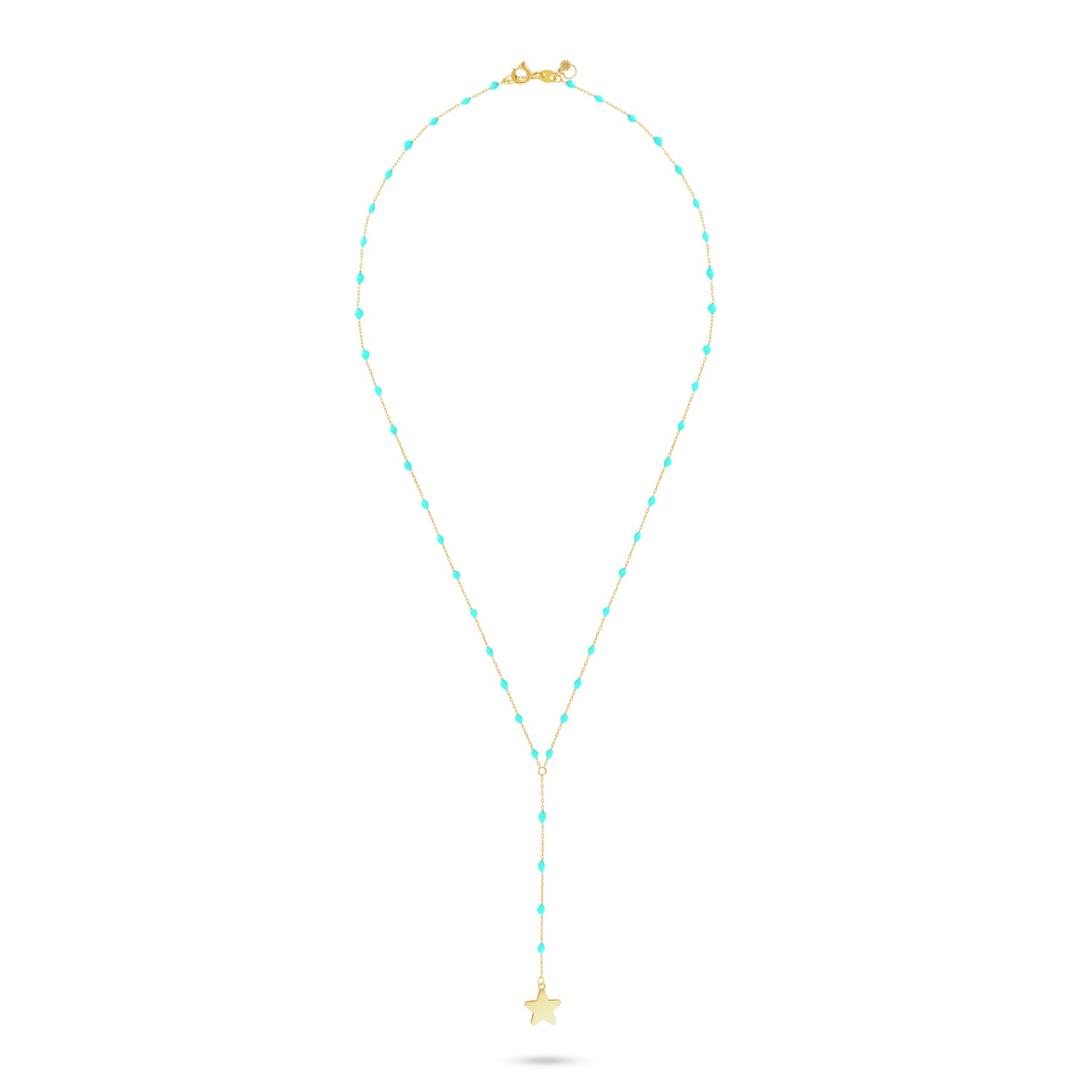 18k gold lariat necklace with blue enamel accents and a delicate star charm on a white background