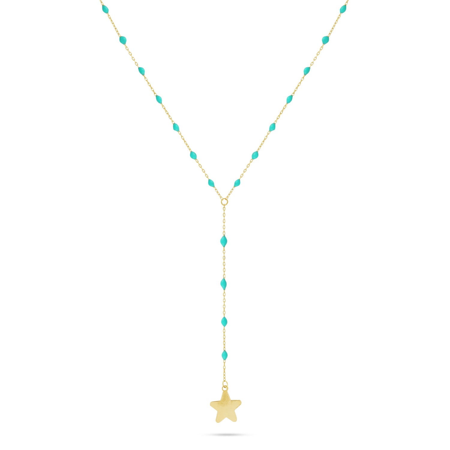 18k gold lariat necklace with blue enamel accents and a delicate star charm on a white background