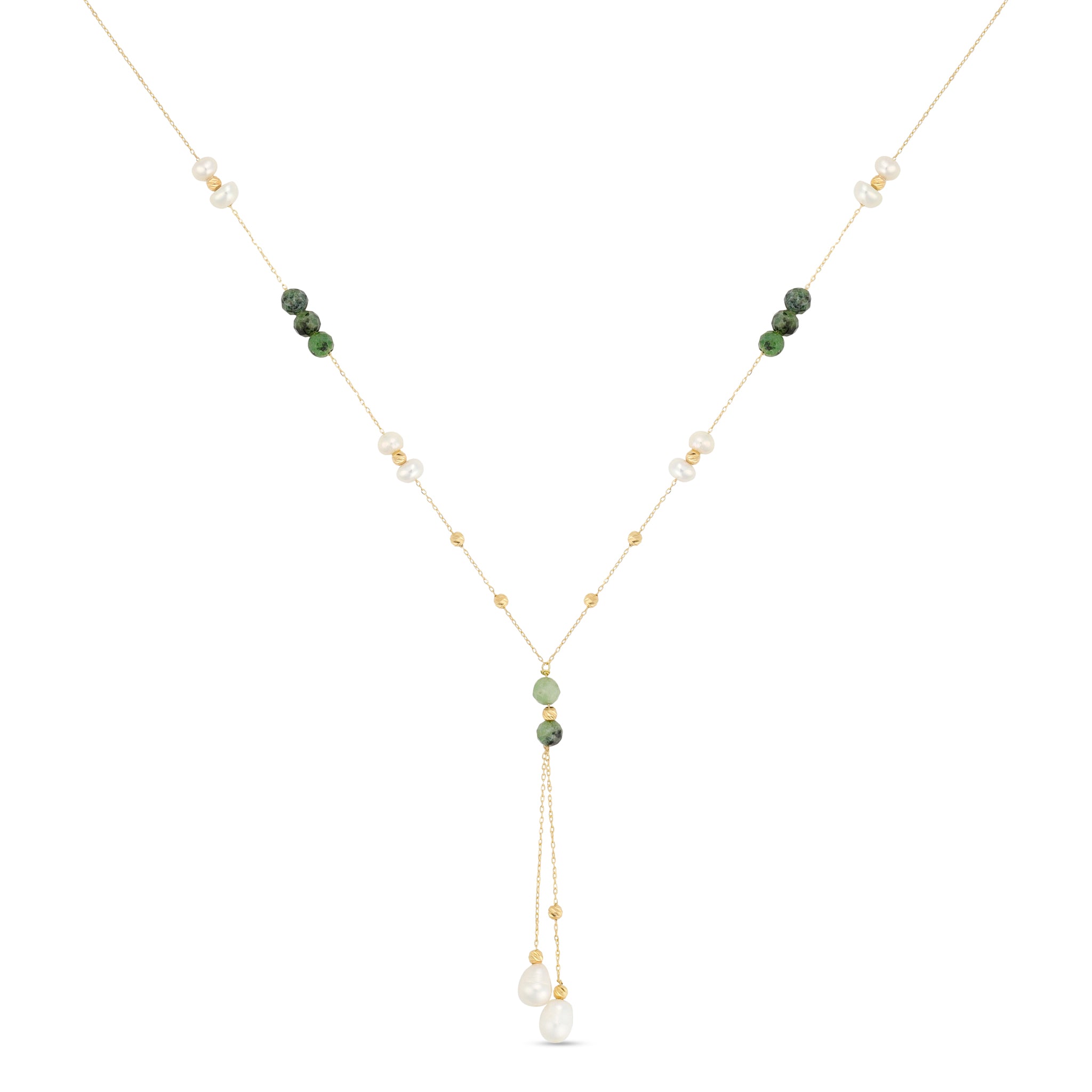 18k gold pearl and malachite lariat necklace for women, fine jewelry drop necklace 