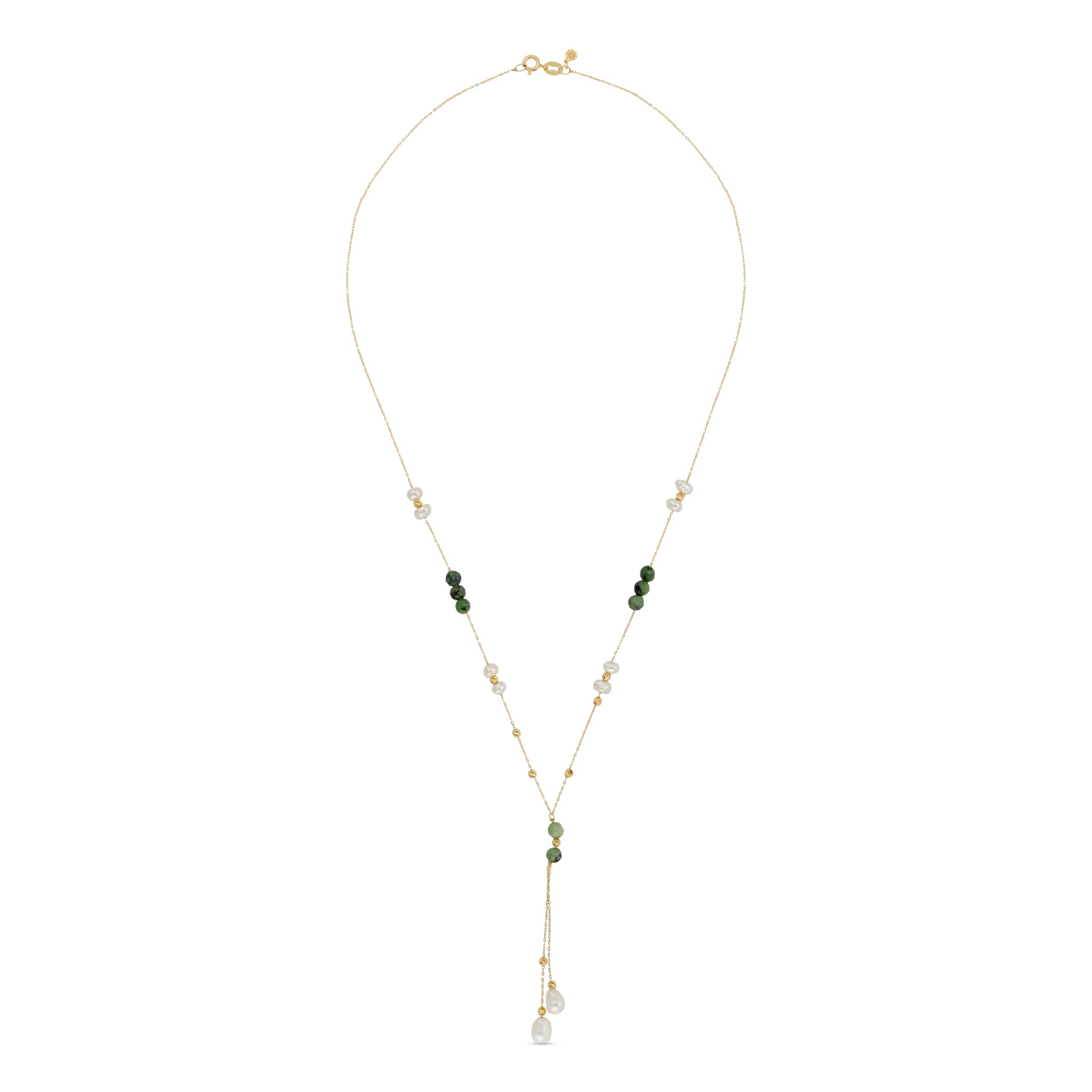 18k gold pearl and malachite lariat necklace for women, fine jewelry drop necklace 