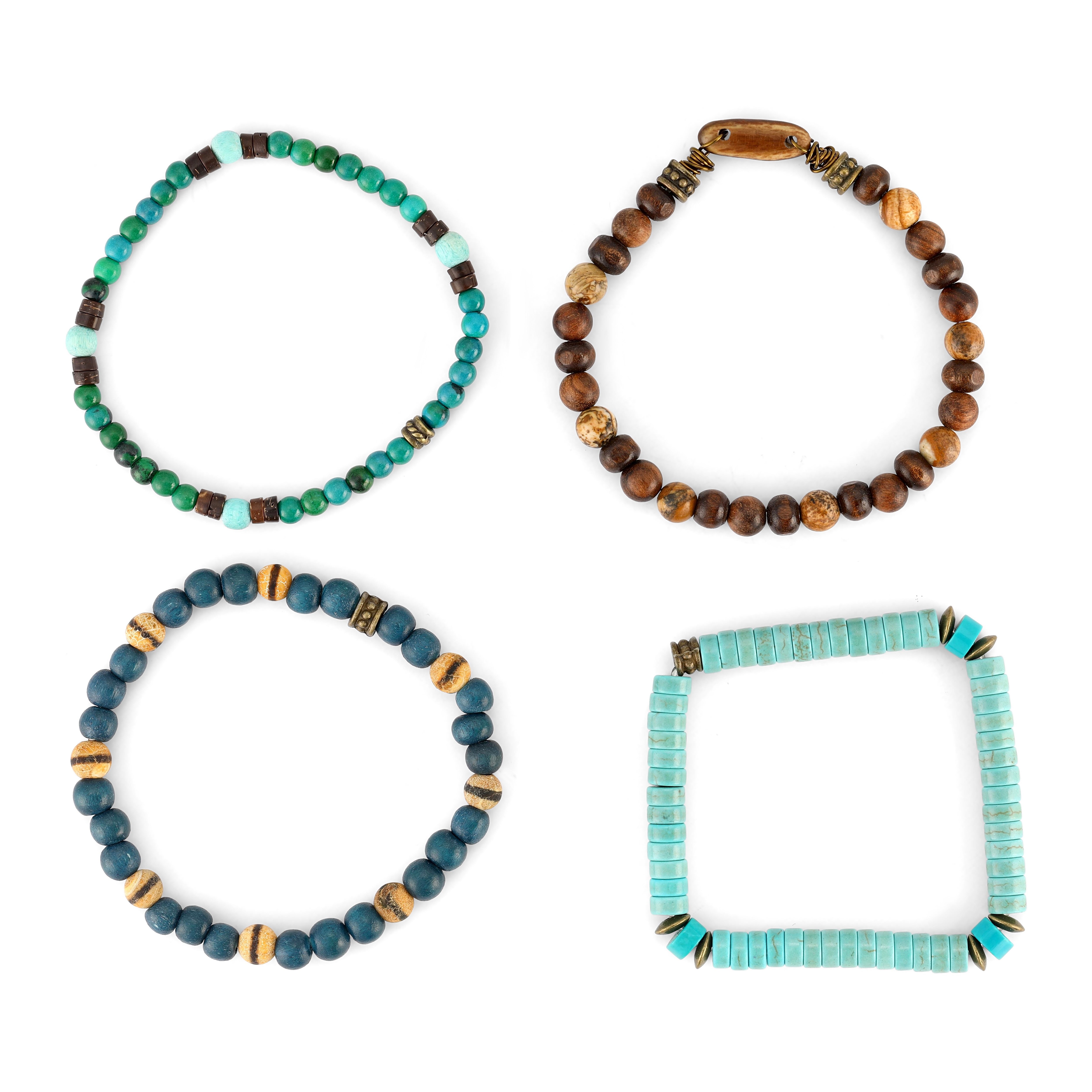 Set of four men’s beaded bracelets featuring turquoise, wooden and natural stone beads with metal spacer accents on a white background.