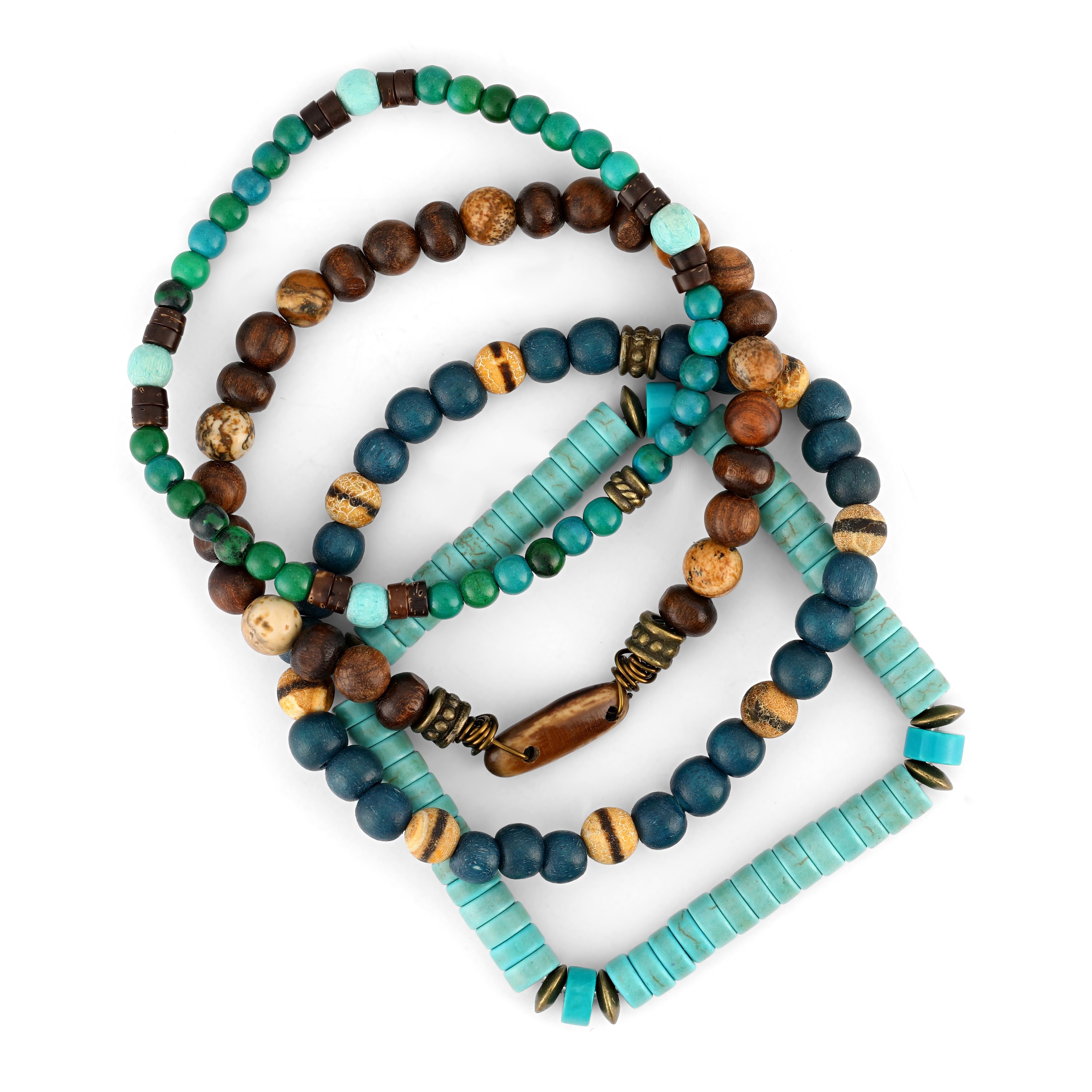 Set of four men’s beaded bracelets featuring turquoise, wooden and natural stone beads with metal spacer accents on a white background.