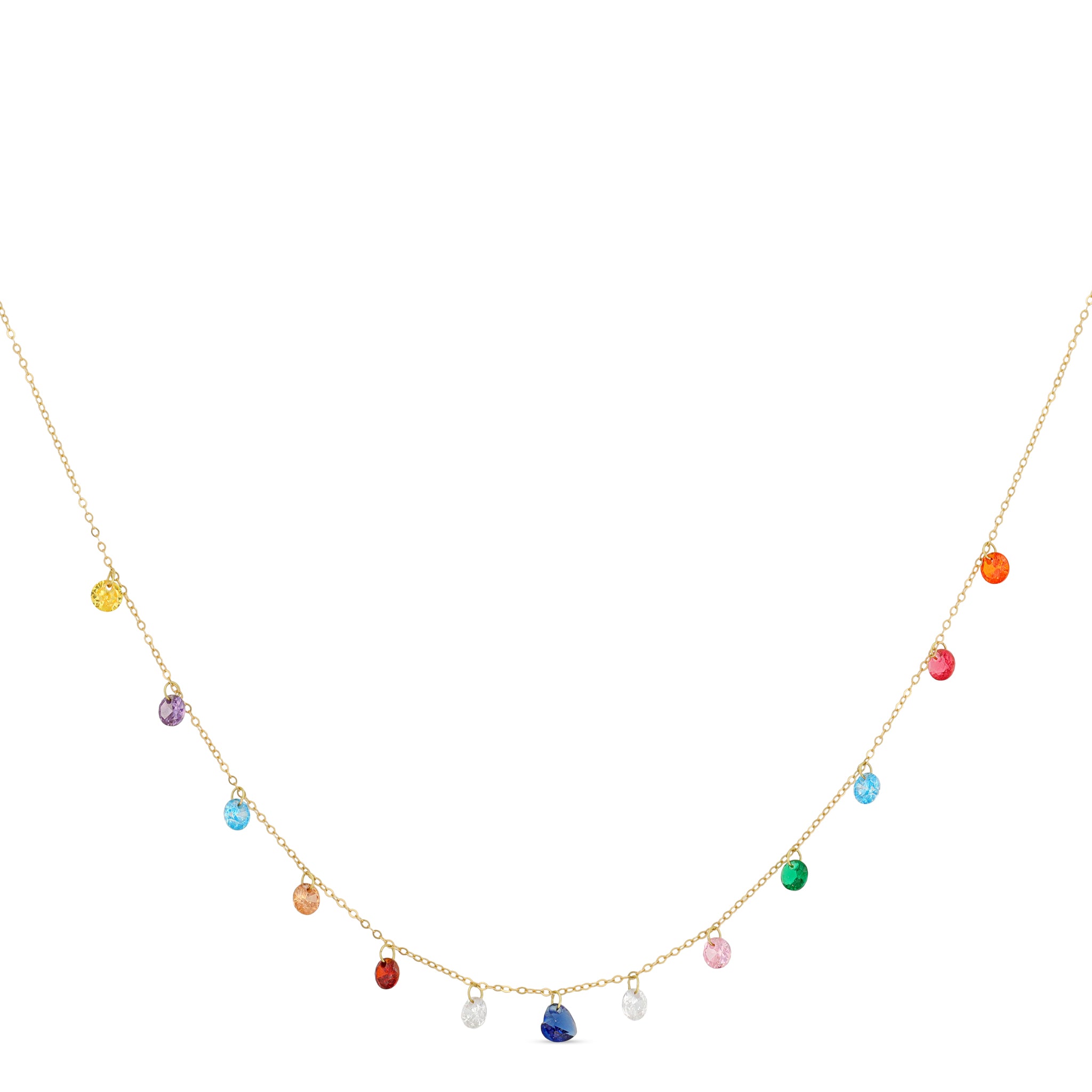 18k gold rainbow necklace with multicolor faceted bead drops on fine chain