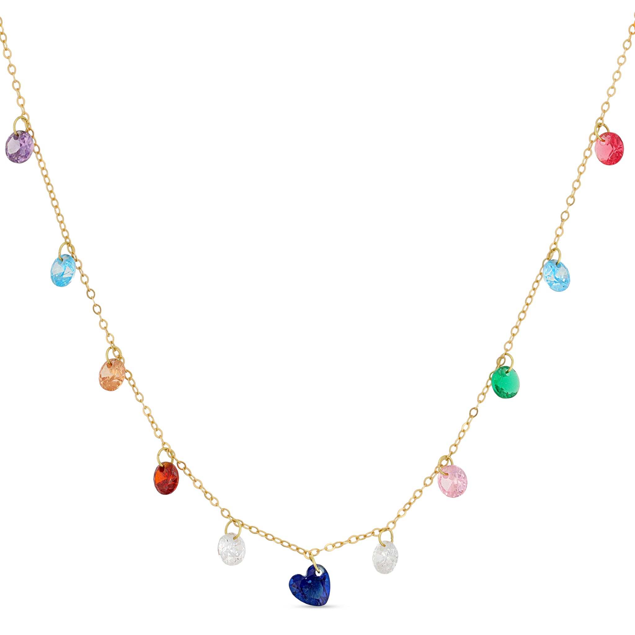 18k gold rainbow necklace with multicolor faceted bead drops on fine chain