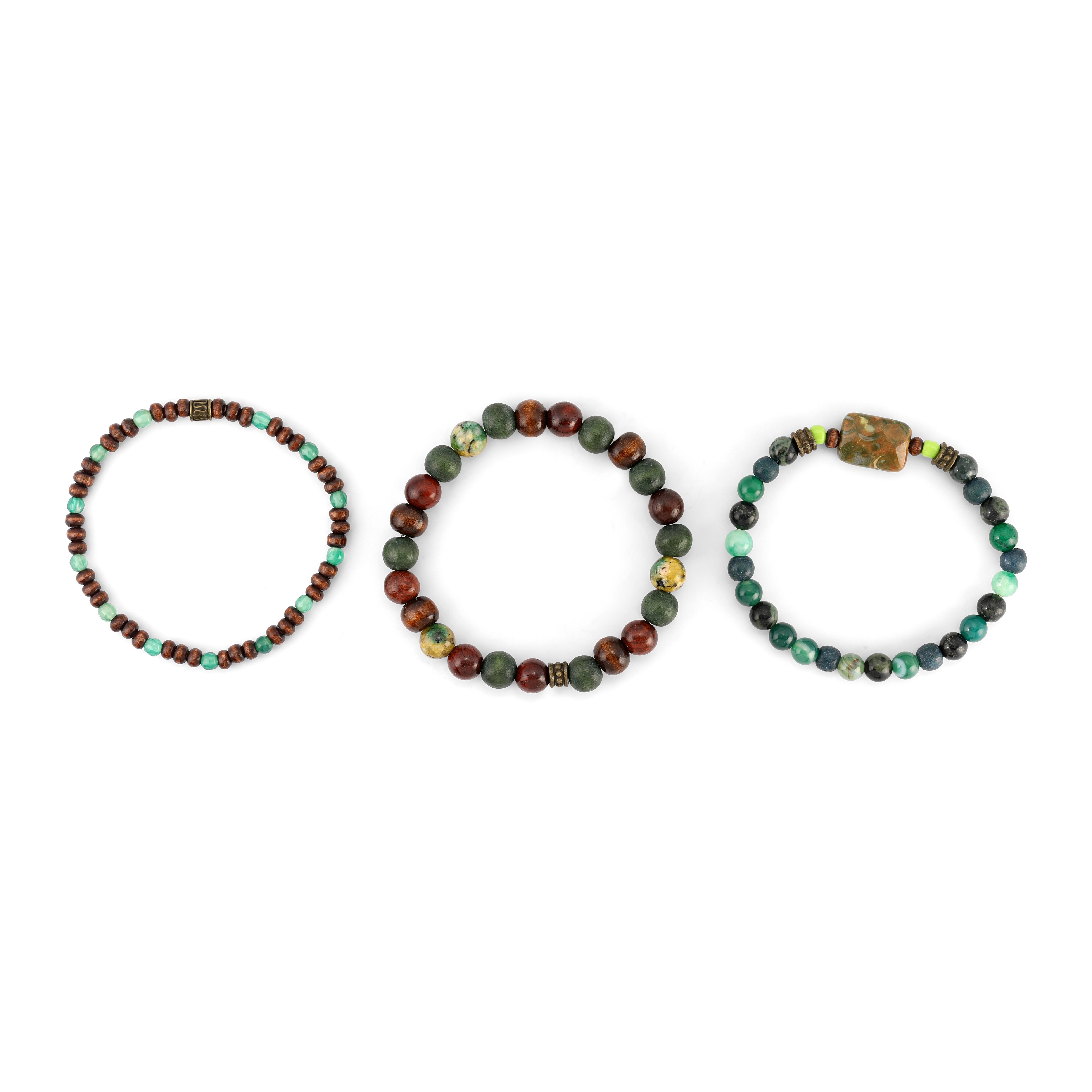 Men’s agate and wood stretch bracelet set with mixed green, brown and turquoise beads, natural stone and wooden bead bracelets on white background.