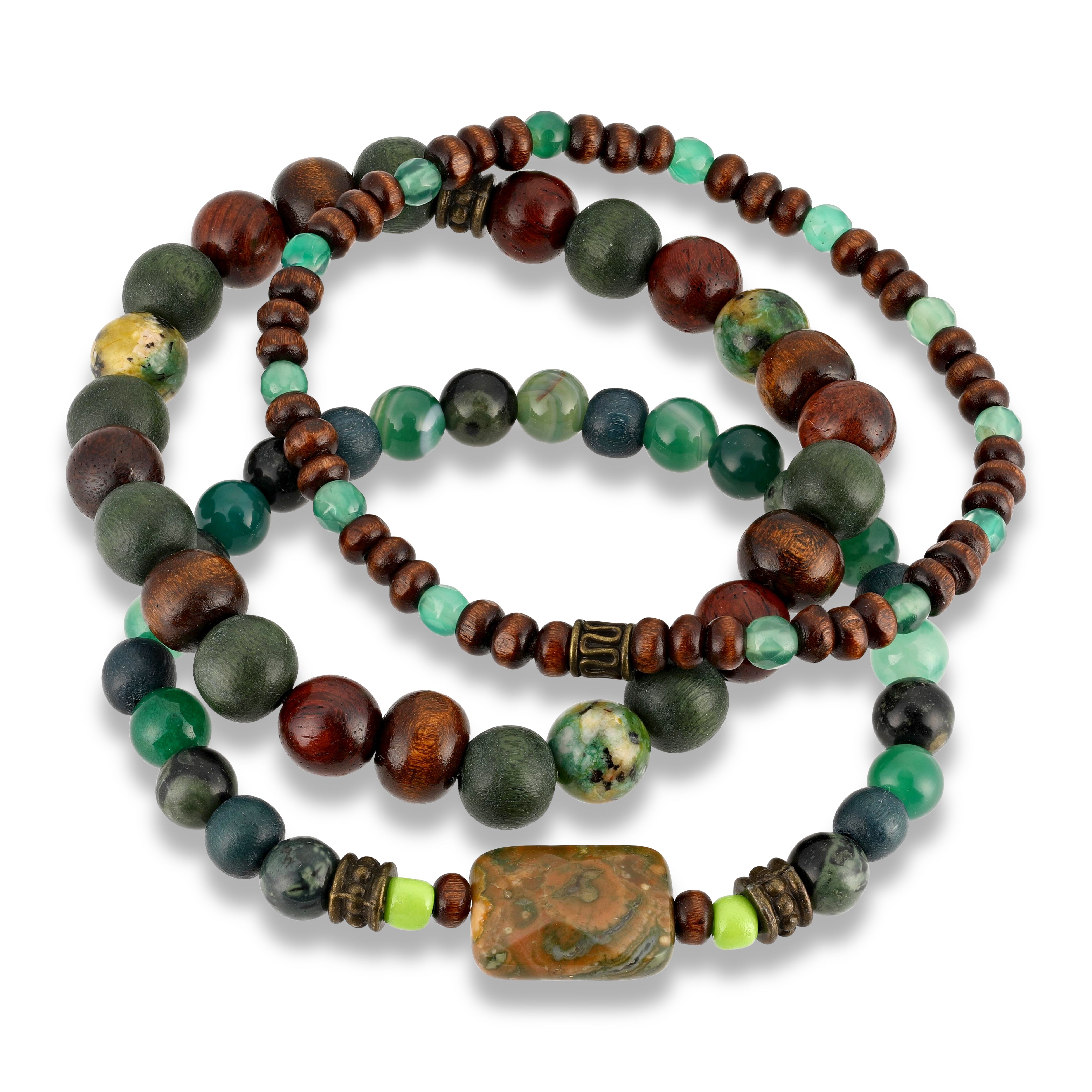 Men’s agate and wood stretch bracelet set with mixed green, brown and turquoise beads, natural stone and wooden bead bracelets on white background.