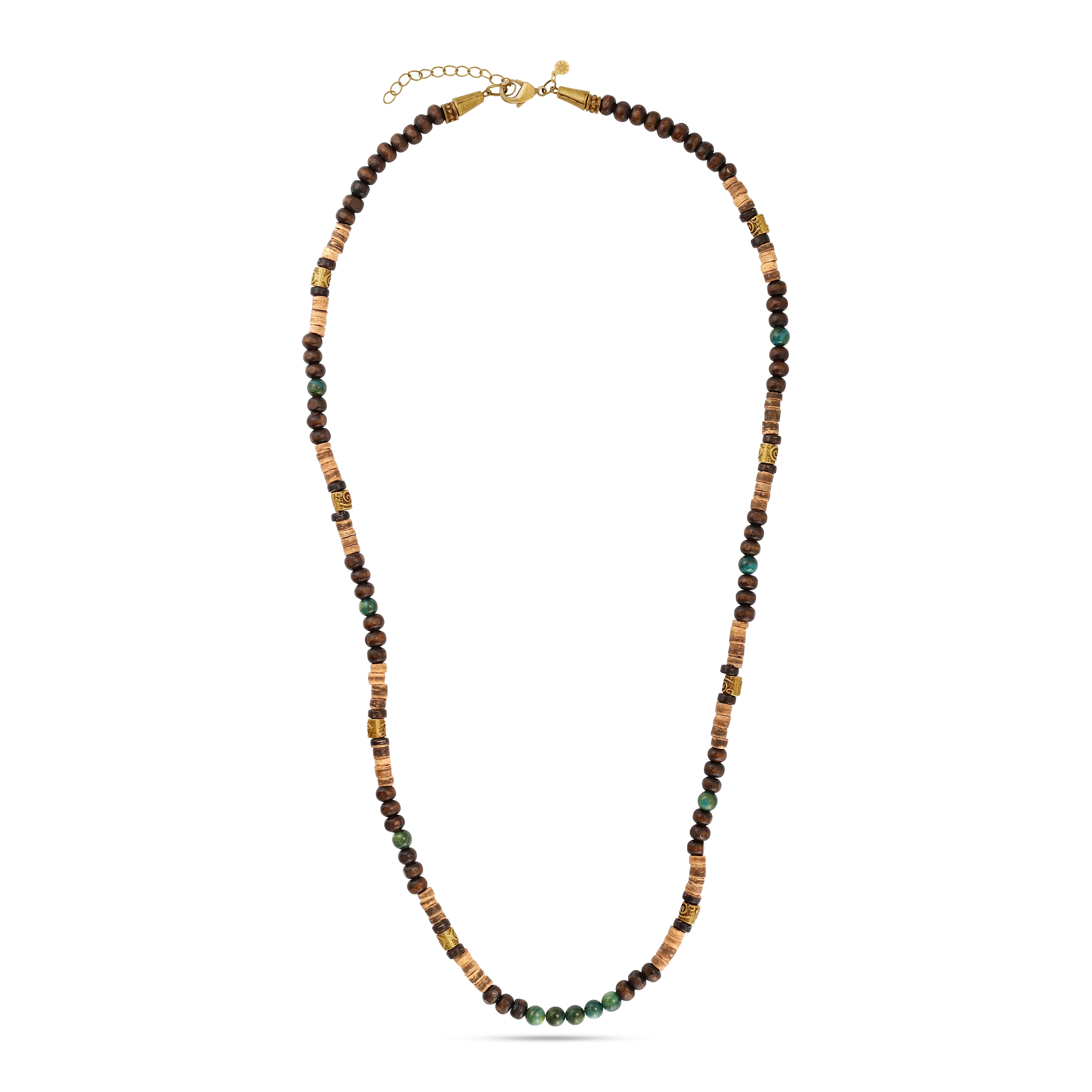 Men’s beaded necklace made of coconut wood, bronze spiral beads, and central agate stone with adjustable clasp