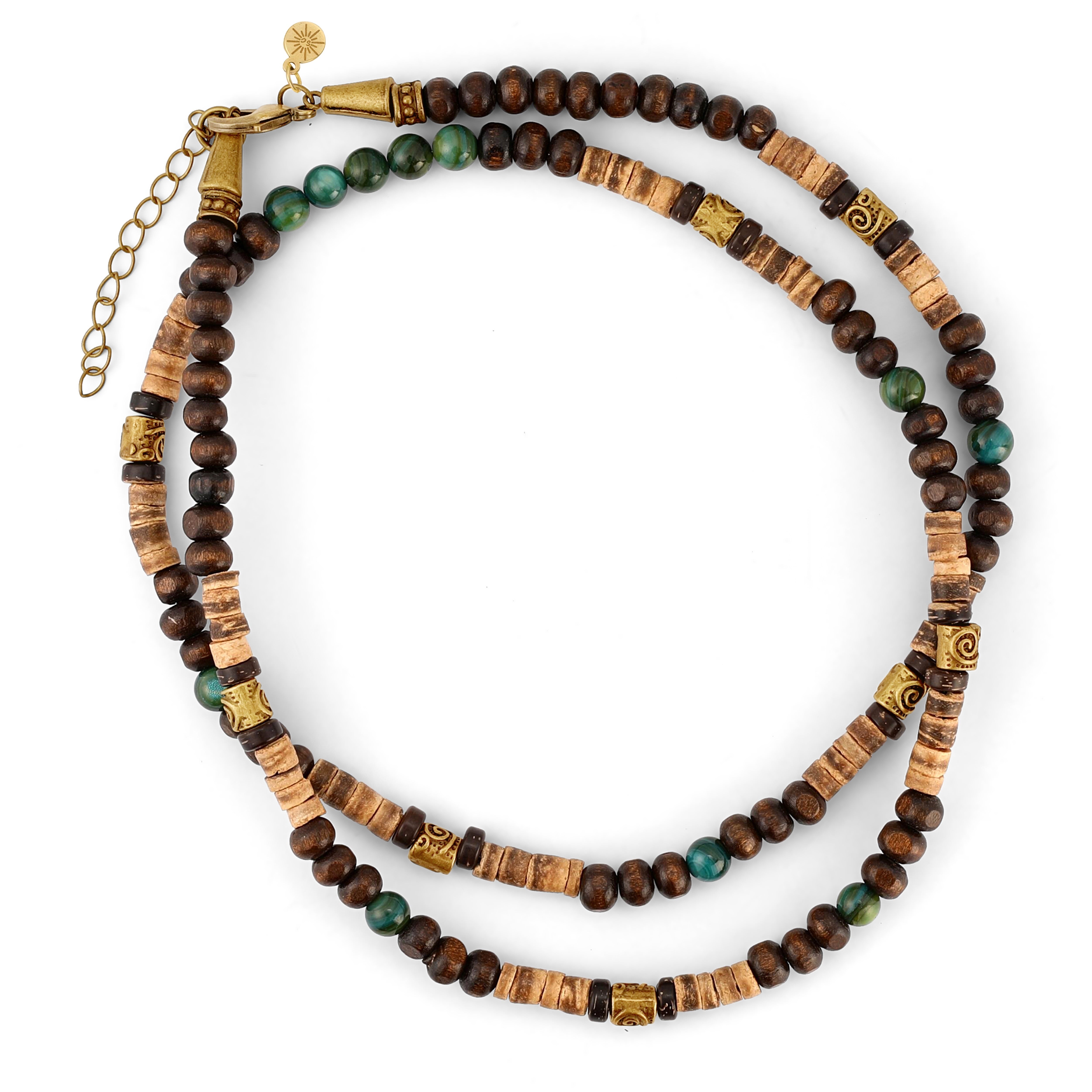 Men’s beaded necklace made of coconut wood, bronze spiral beads, and central agate stone with adjustable clasp
