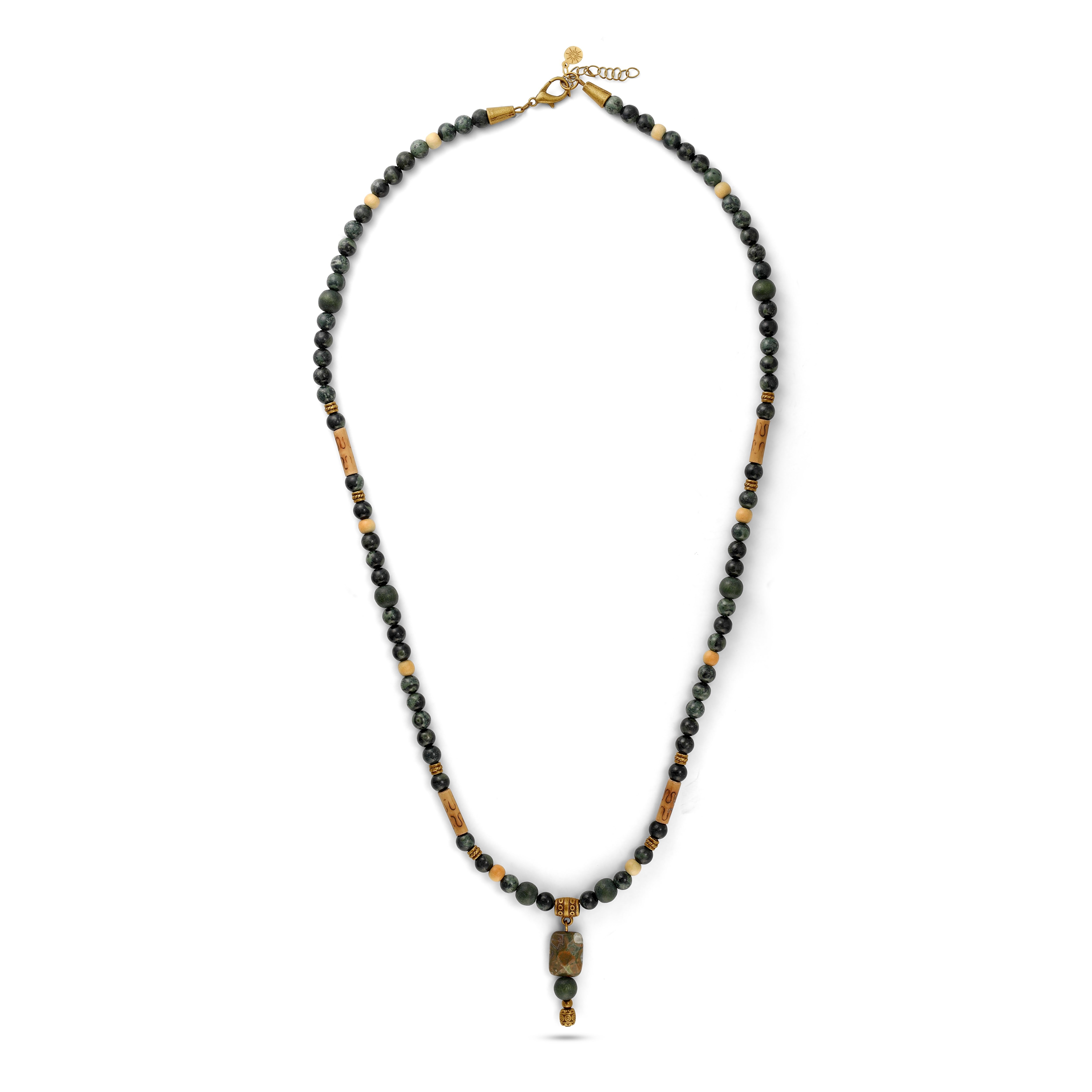 Men’s green jasper beaded necklace with bamboo and agate pendant, boho gemstone jewelry, natural stone necklace for men, Summer Confessions Jewelry UAE