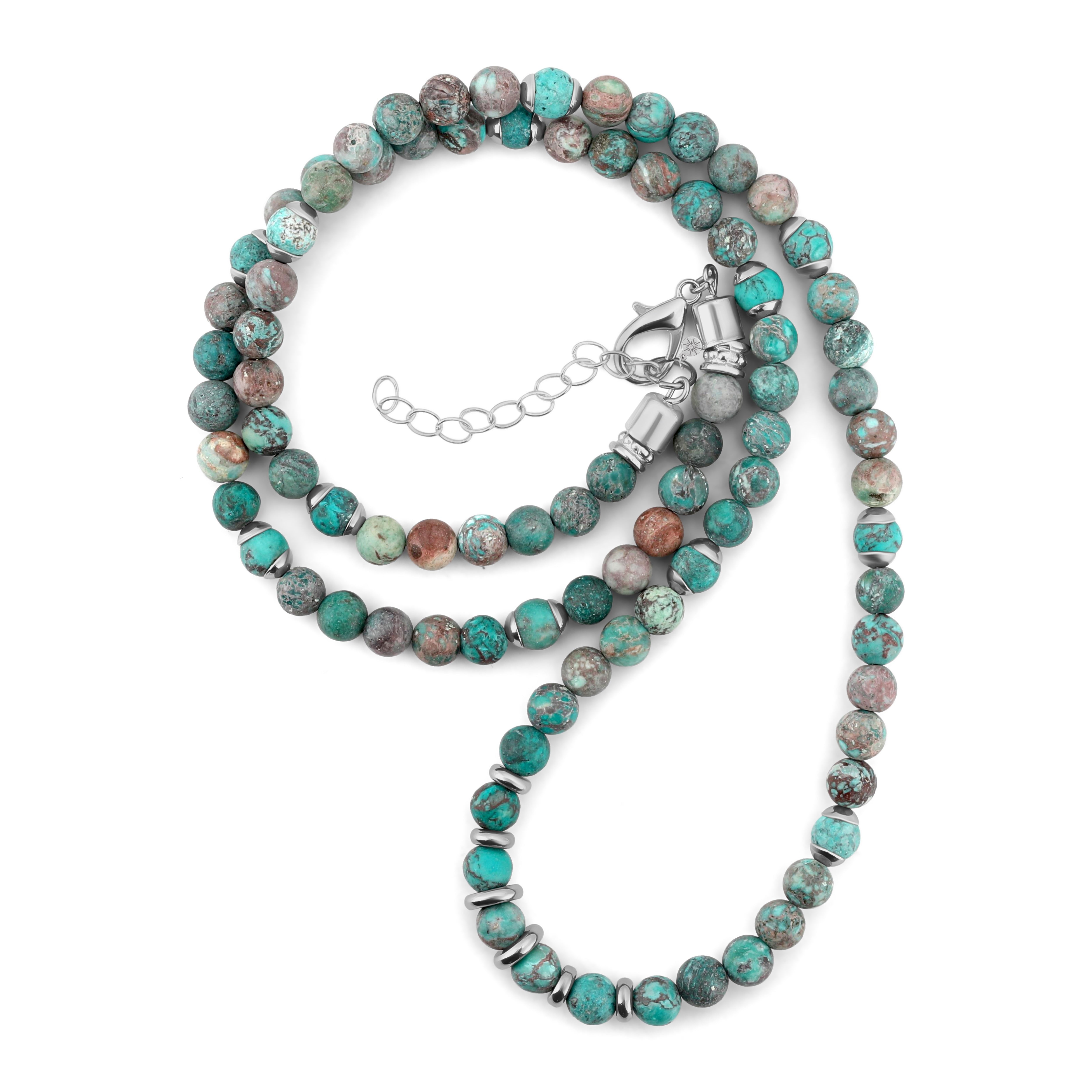 Long turquoise beaded necklace with natural turquoise disk beads and Tibetan agate accents, boho style gemstone necklace for men and women, Summer Confessions Jewelry UAE