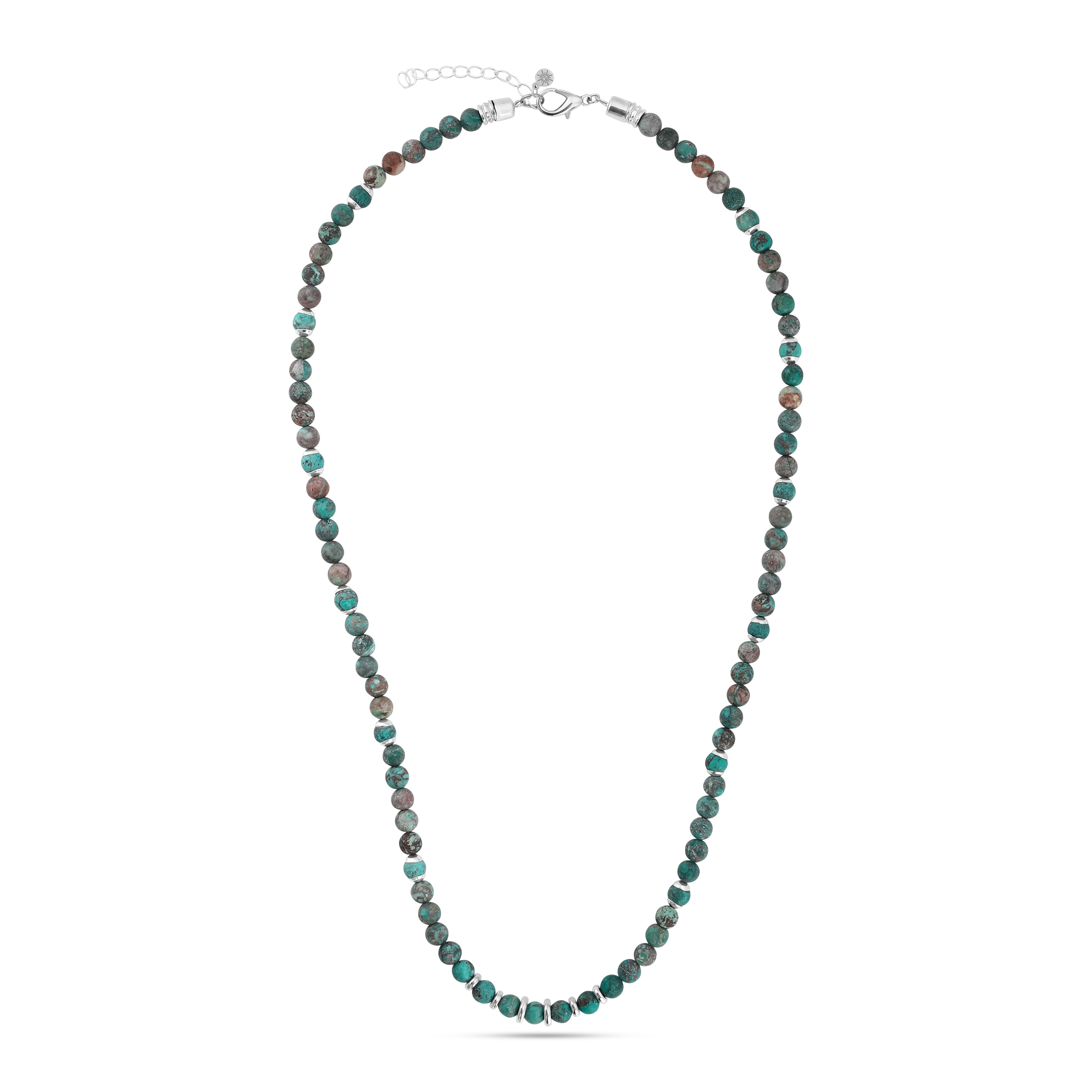 Long turquoise beaded necklace with natural turquoise disk beads and Tibetan agate accents, boho style gemstone necklace for men and women, Summer Confessions Jewelry UAE