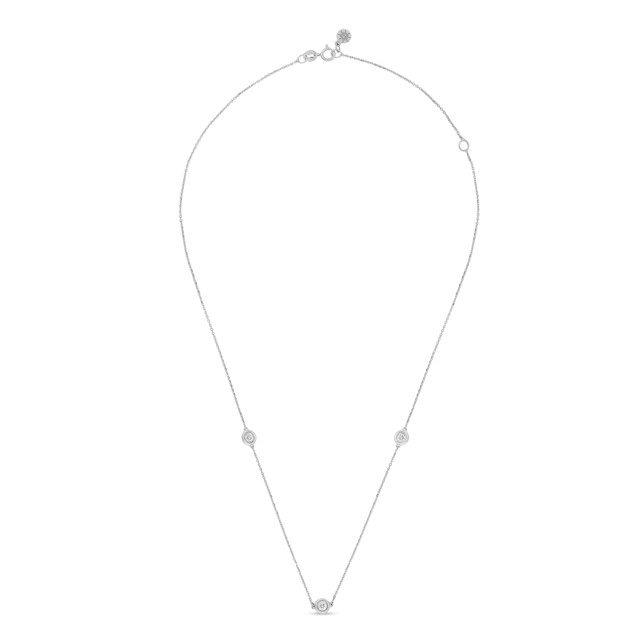 18k white gold necklace with three bezel-set natural diamonds on a fine chain, minimalist fine jewelry necklace by Summer Confessions Jewelry