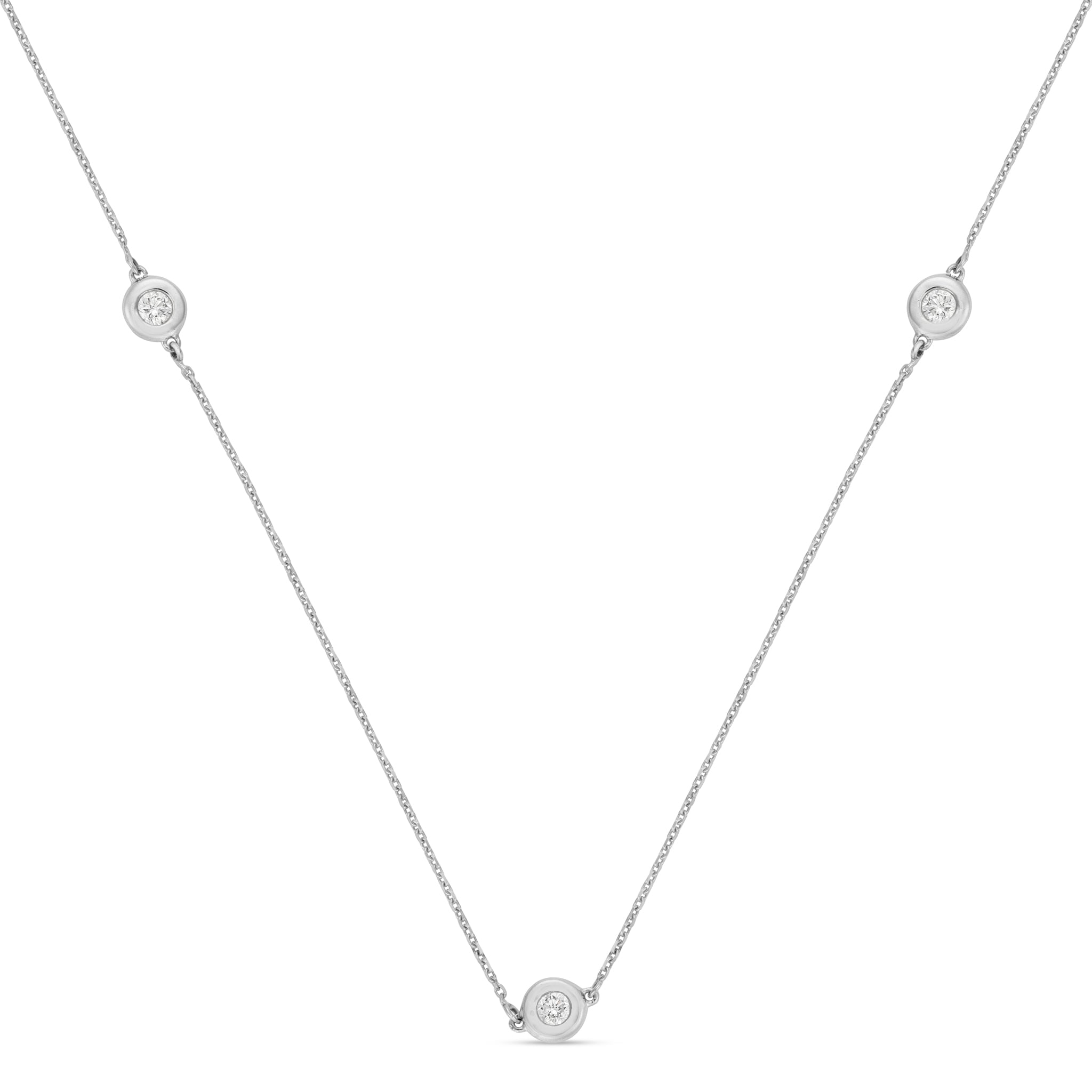 18k white gold necklace with three bezel-set natural diamonds on a fine chain, minimalist fine jewelry necklace by Summer Confessions Jewelry