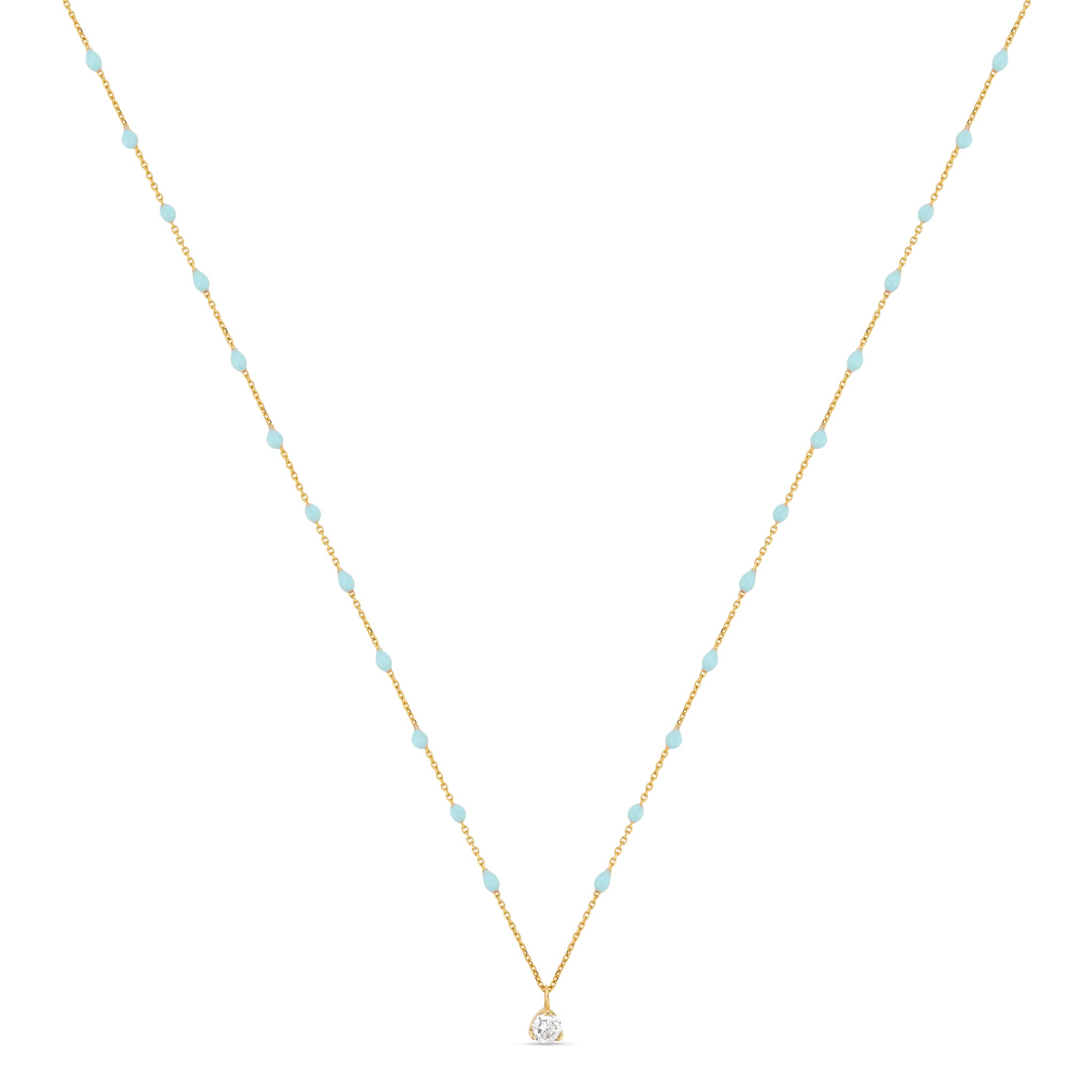 18k yellow gold necklace with delicate aqua beads and a 0.20 carat lab-grown diamond pendant on a white background.