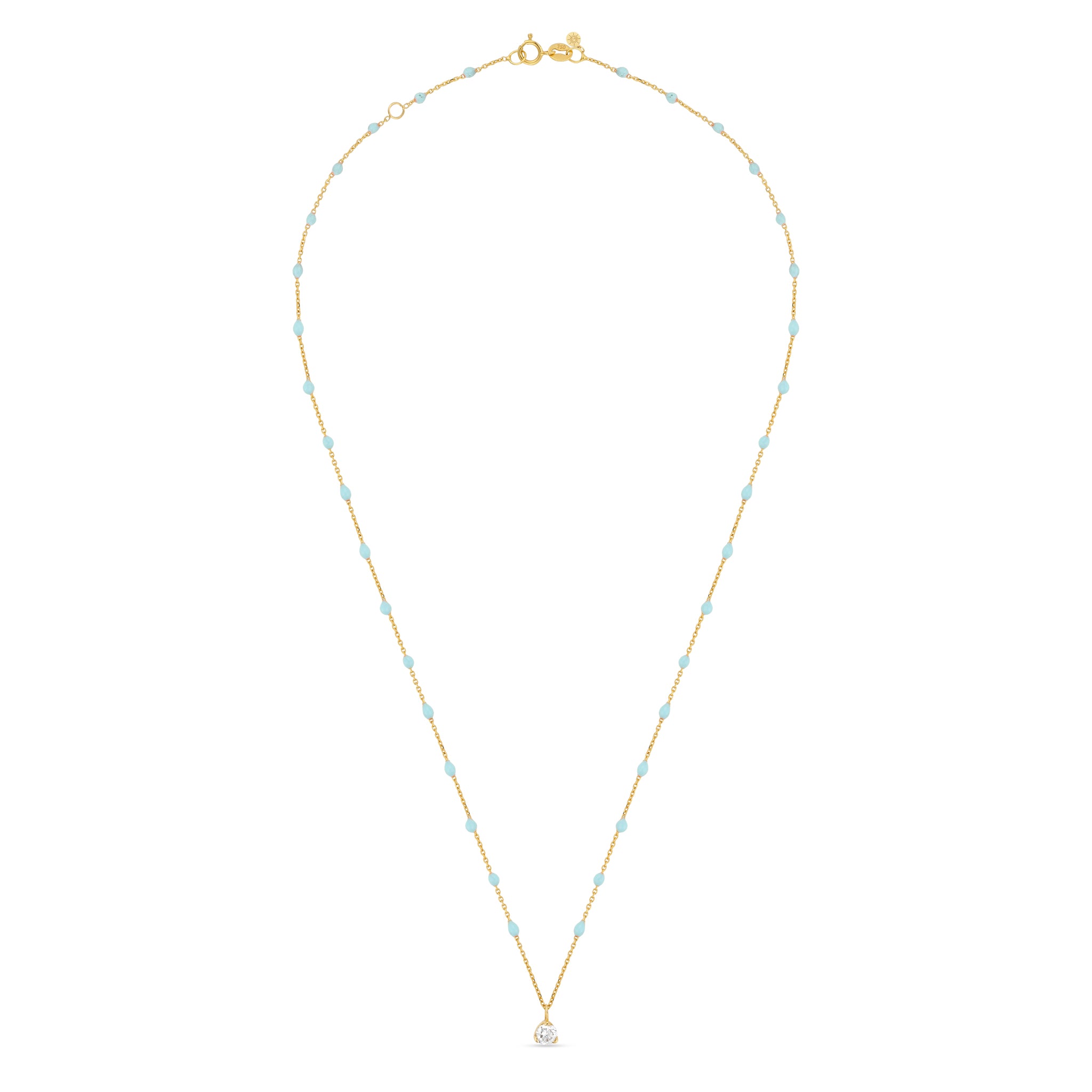 18k yellow gold necklace with delicate aqua beads and a 0.20 carat lab-grown diamond pendant on a white background.