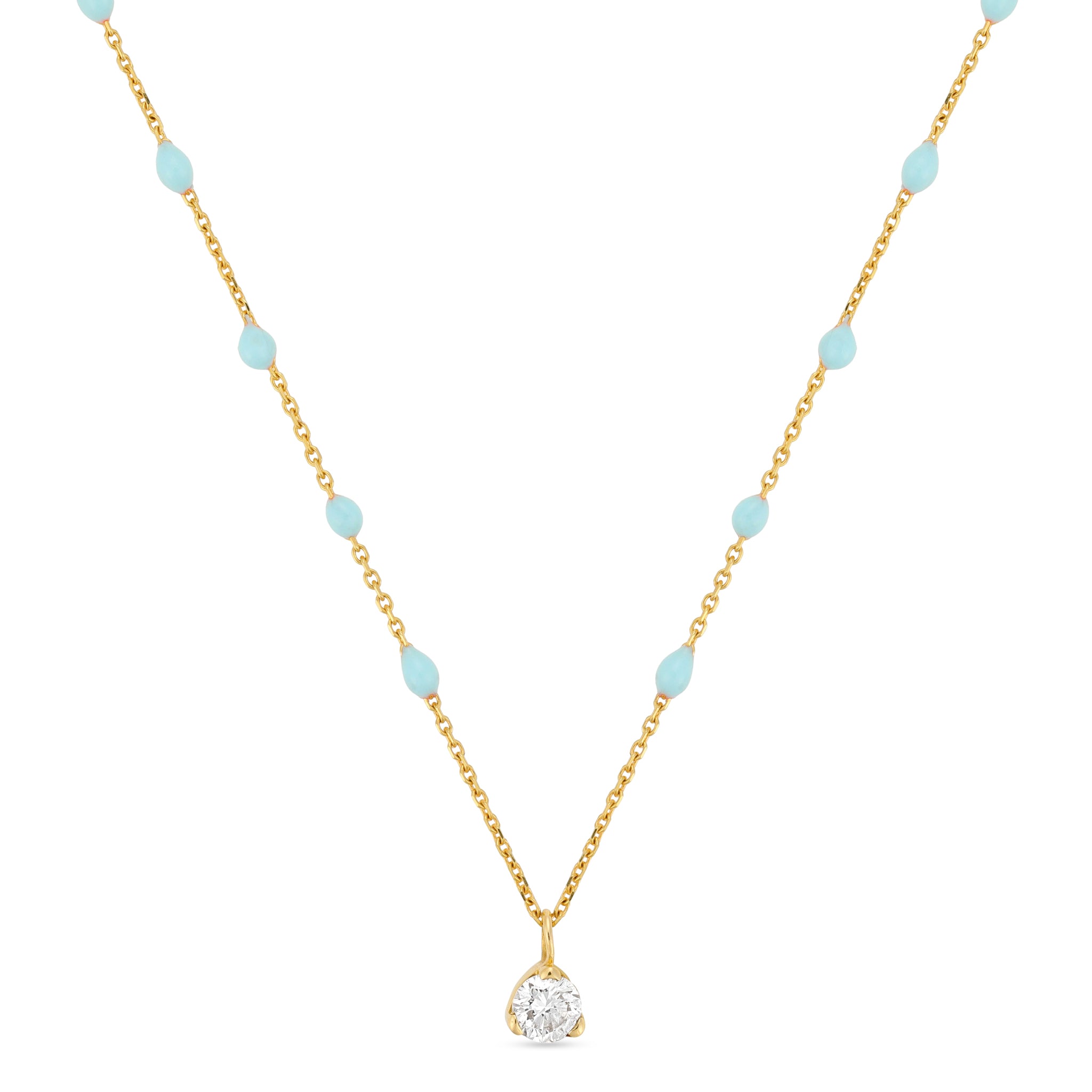 18k yellow gold necklace with delicate aqua beads and a 0.20 carat lab-grown diamond pendant on a white background.