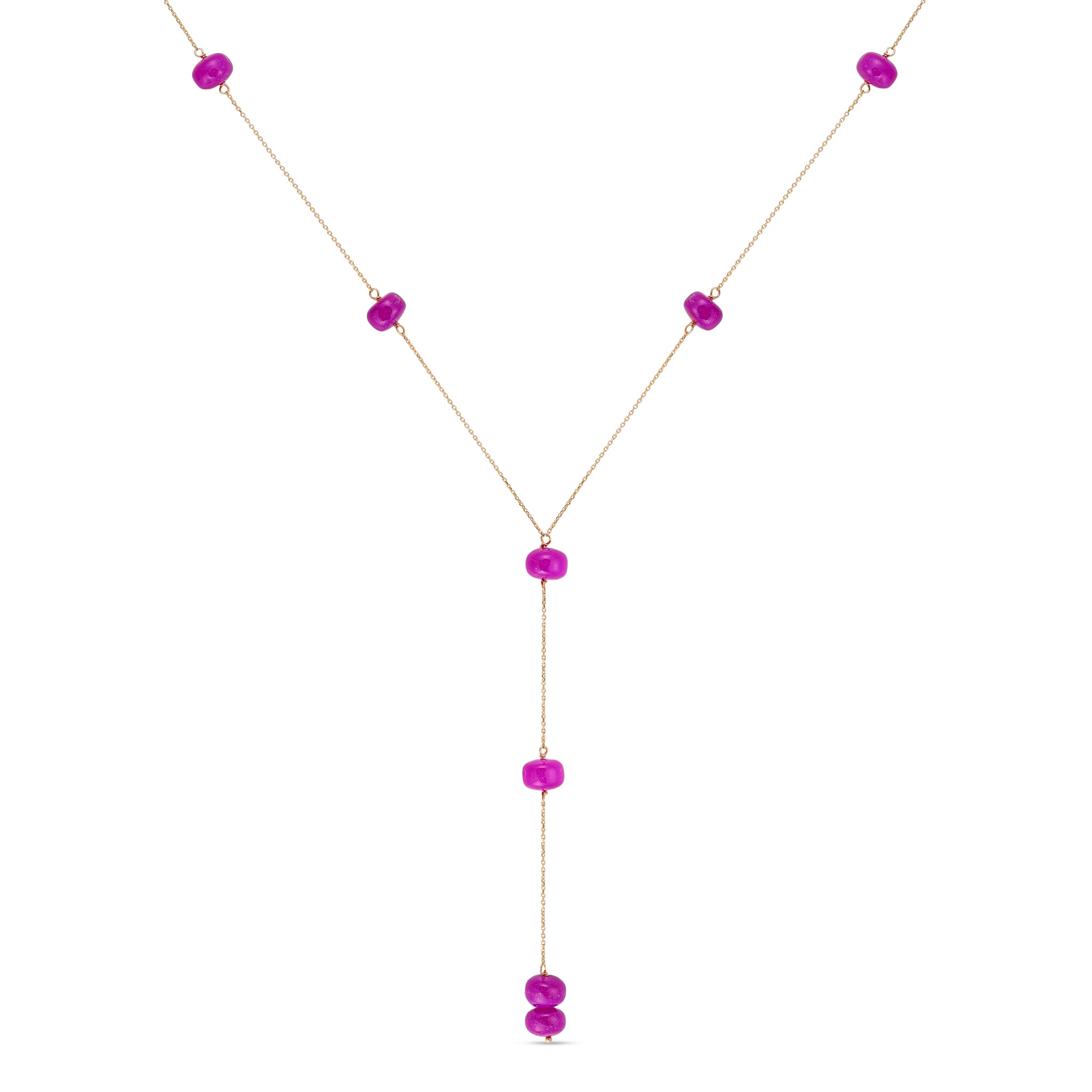 18k gold Y-drop necklace with natural pink chalcedony gemstone beads, Berry Love fine jewelry by Summer Confessions Jewelry