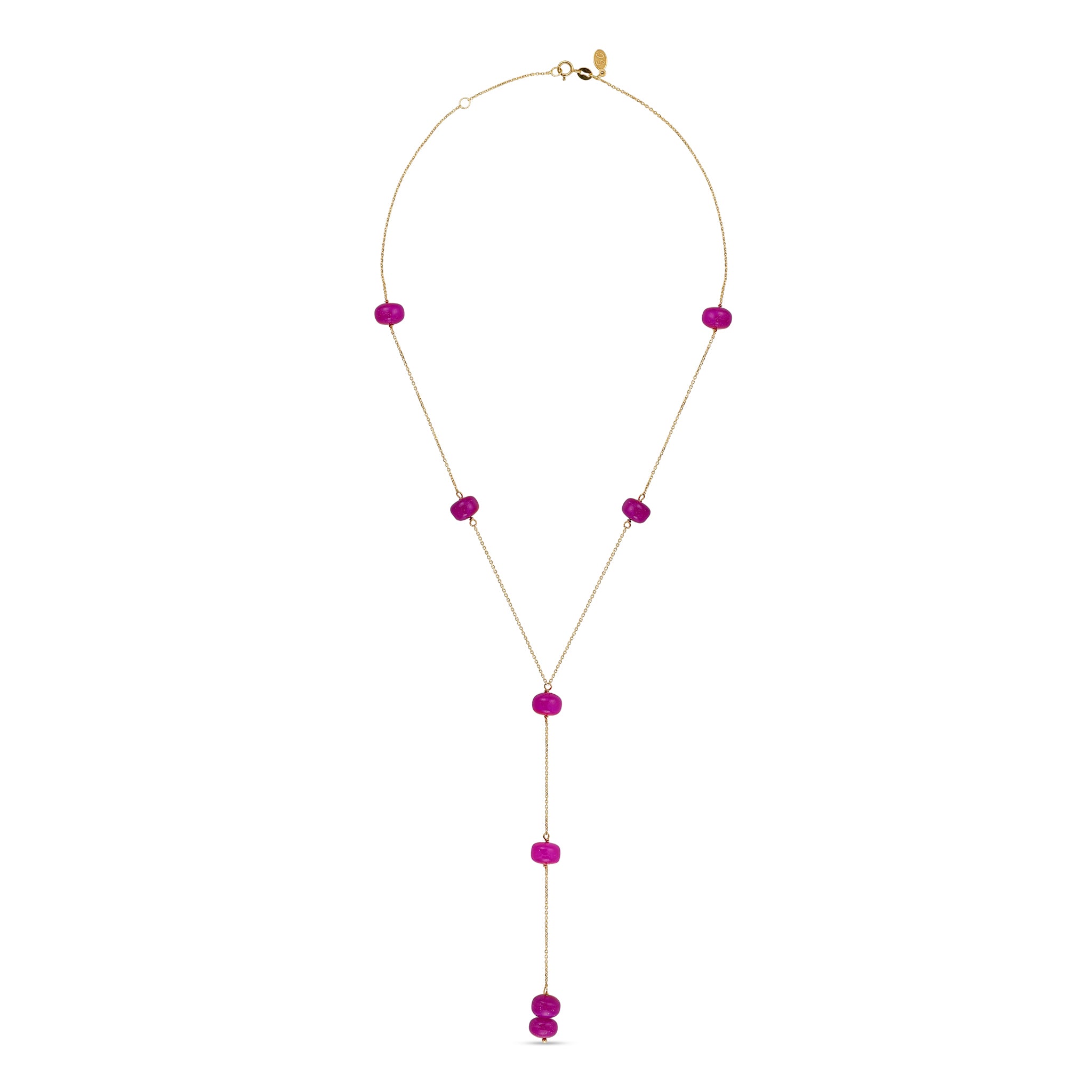 18k gold Y-drop necklace with natural pink chalcedony gemstone beads, Berry Love fine jewelry by Summer Confessions Jewelry