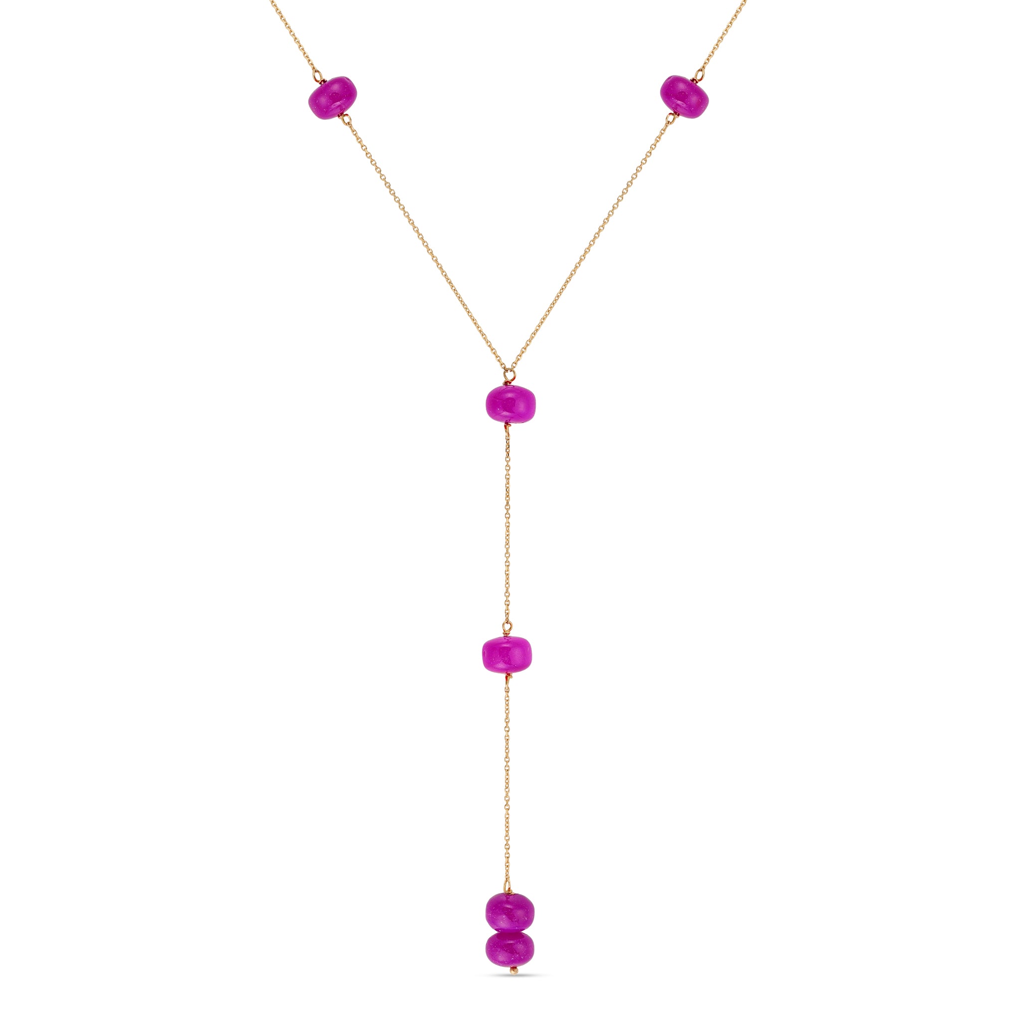 18k gold Y-drop necklace with natural pink chalcedony gemstone beads, Berry Love fine jewelry by Summer Confessions Jewelry