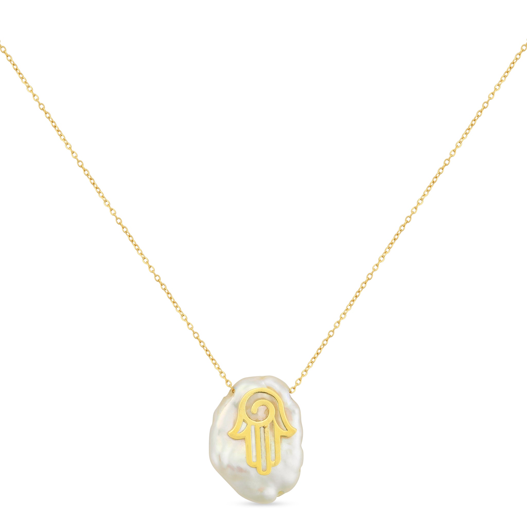 18k gold necklace with fresh water pearl with gold hamsa hand charm