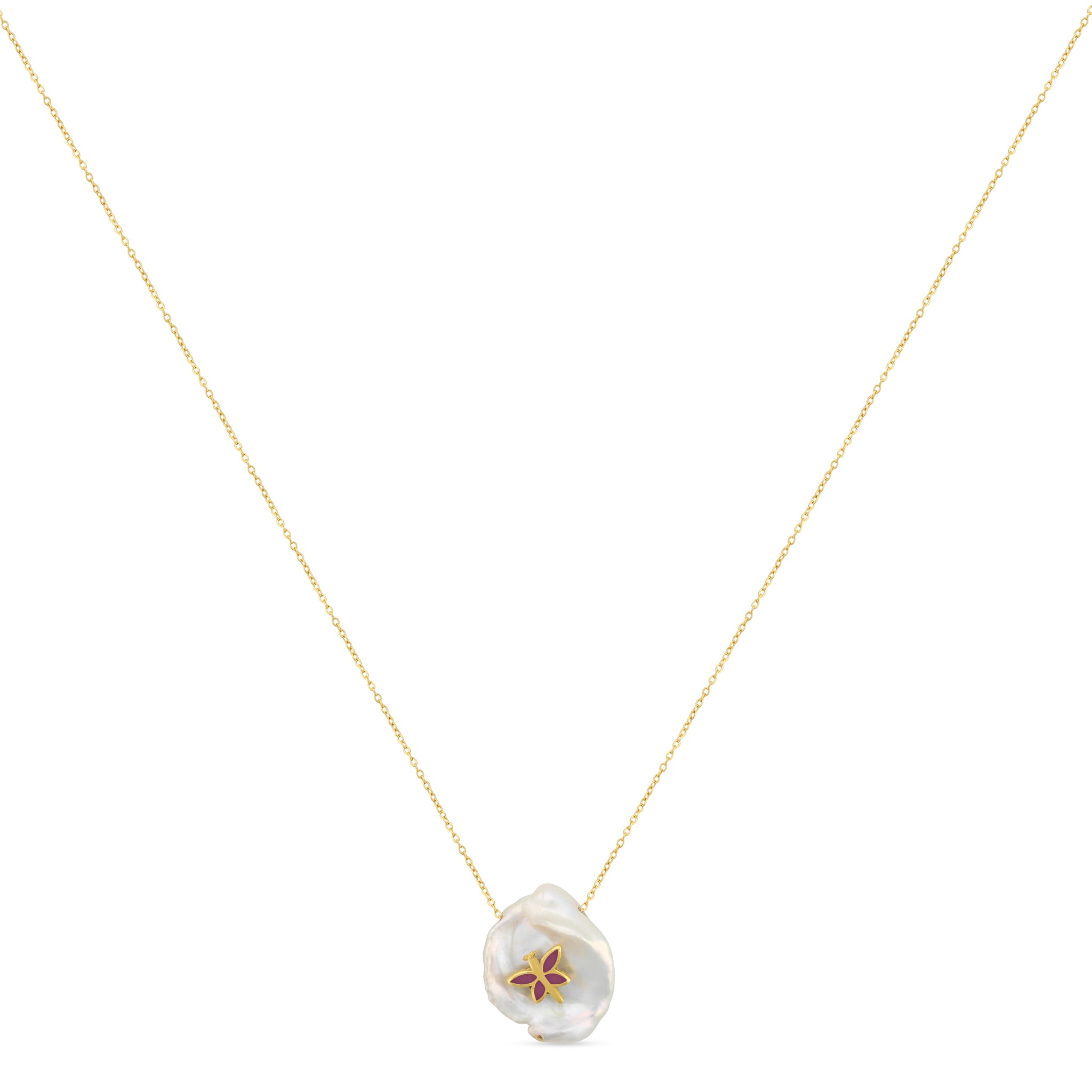 18k gold necklace with fresh water Pearl and butterfuly charm 