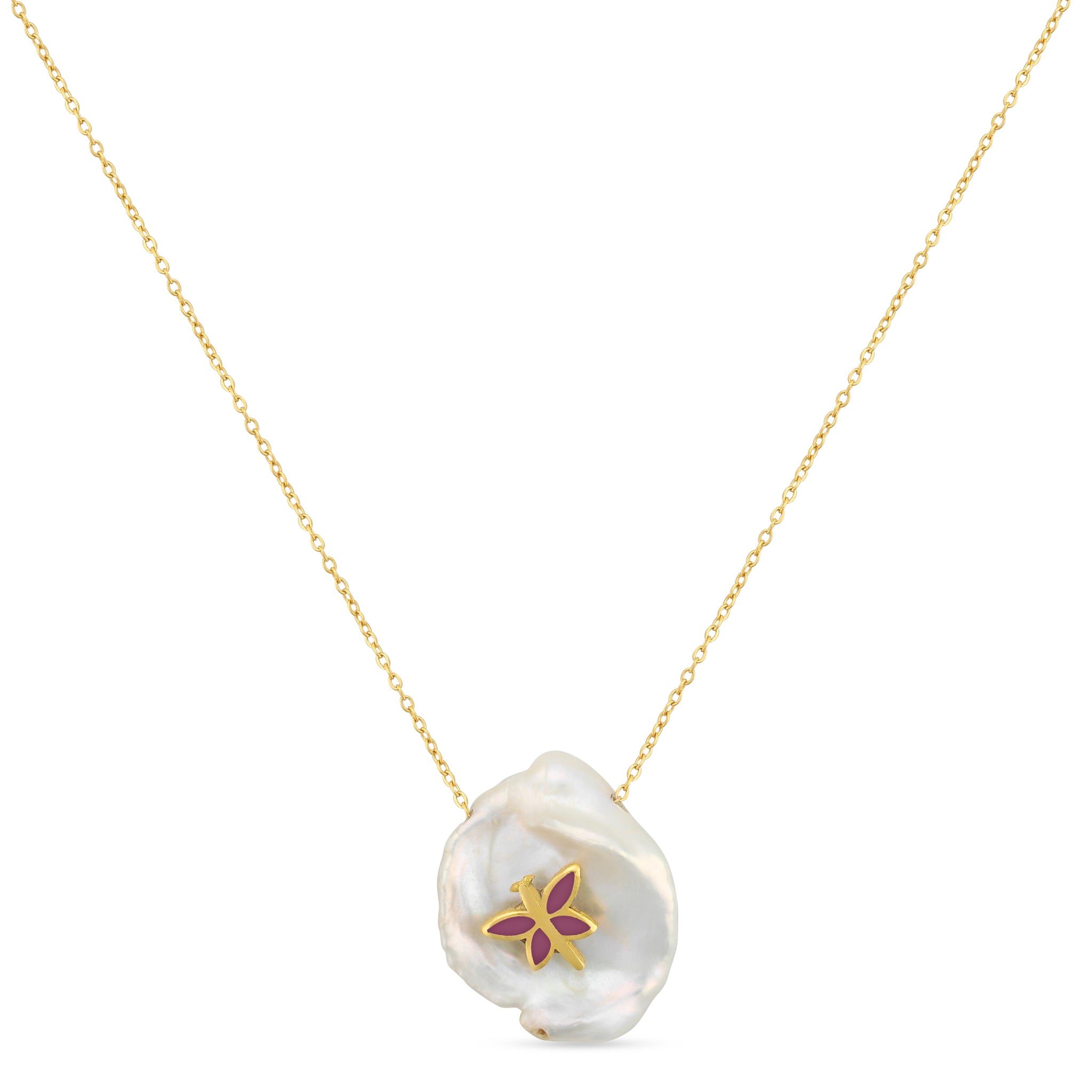 18k gold necklace with fresh water Pearl and butterfuly charm 