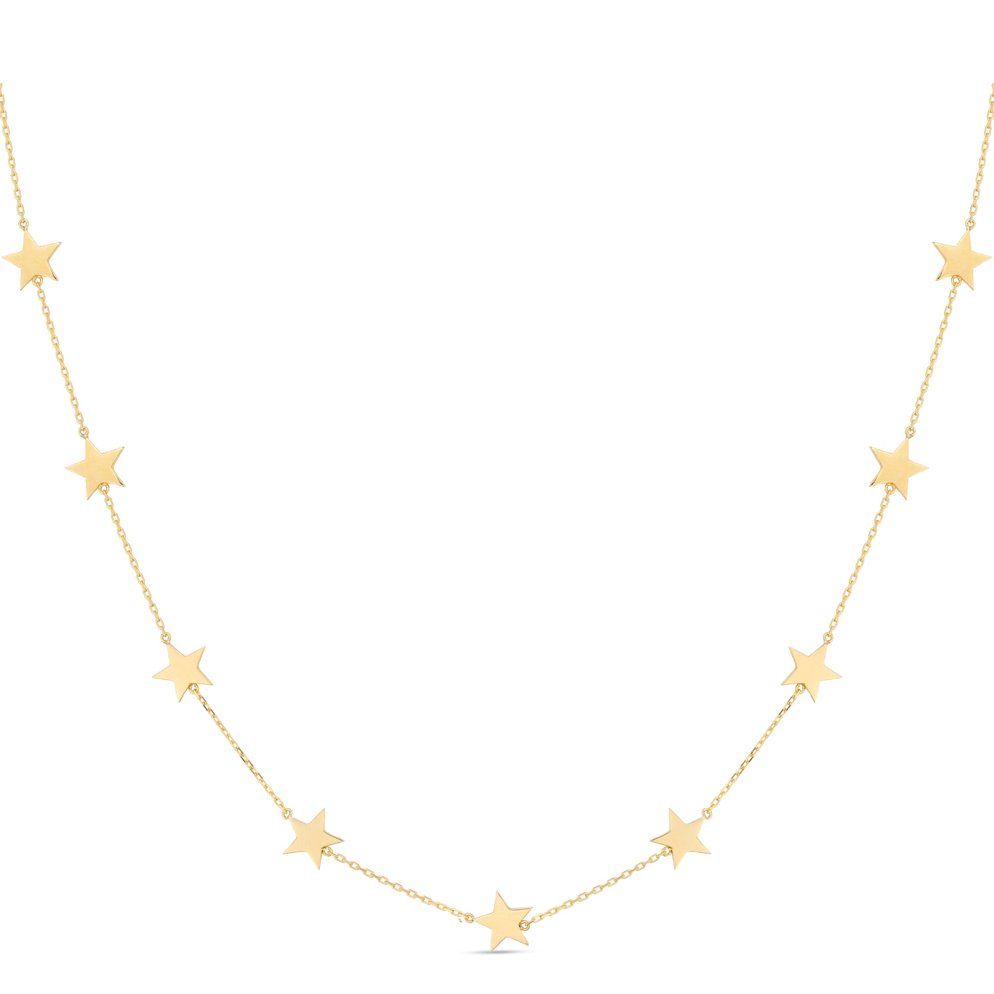 18k gold necklace with dainty star charms spaced along the chain