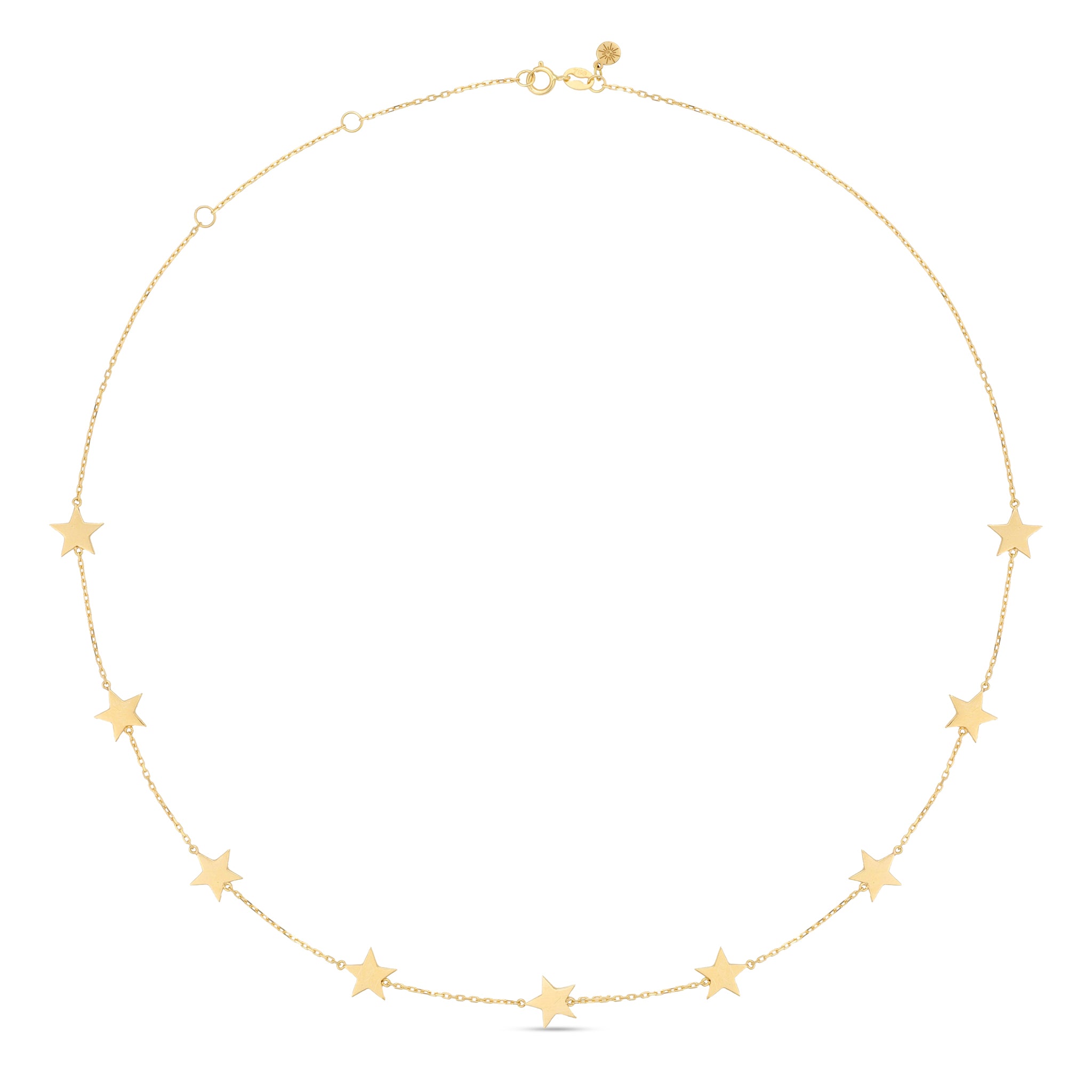 18k gold necklace with dainty star charms spaced along the chain