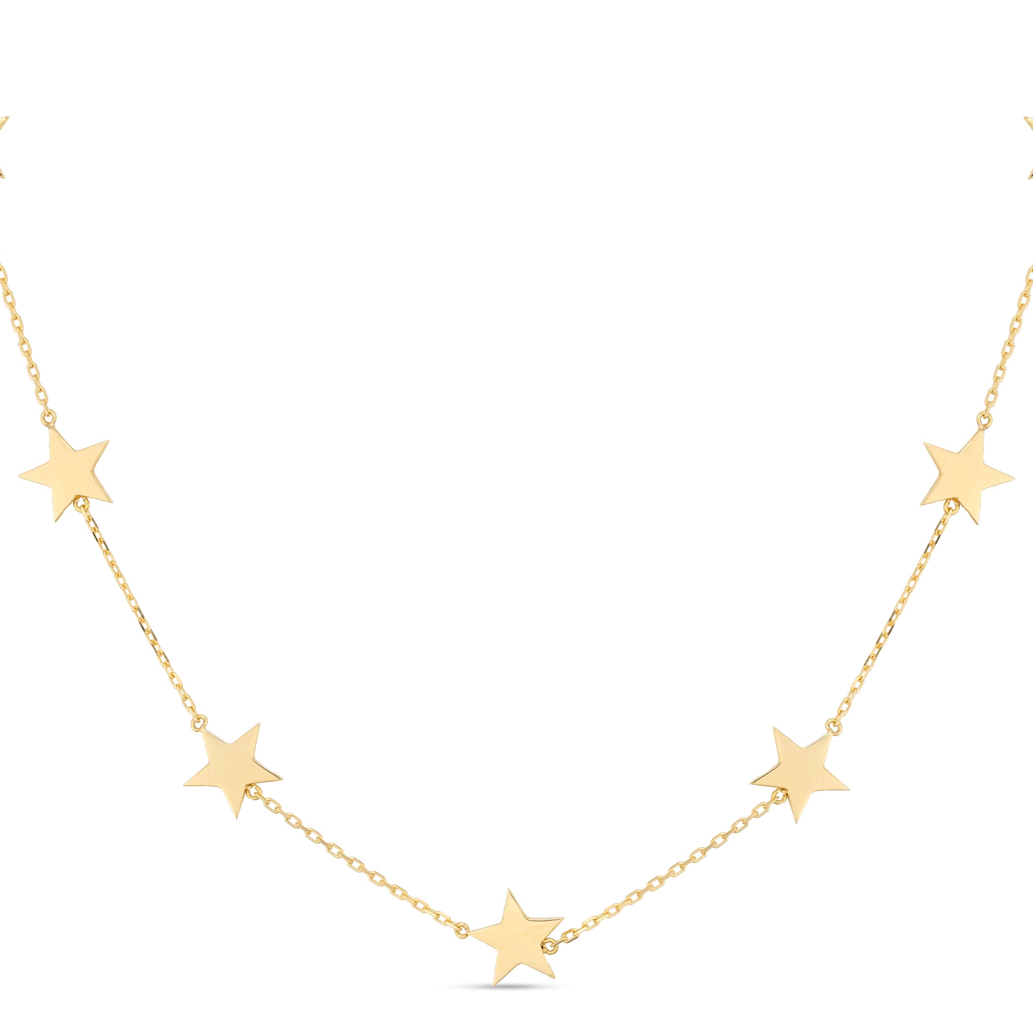 18k gold necklace with dainty star charms spaced along the chain