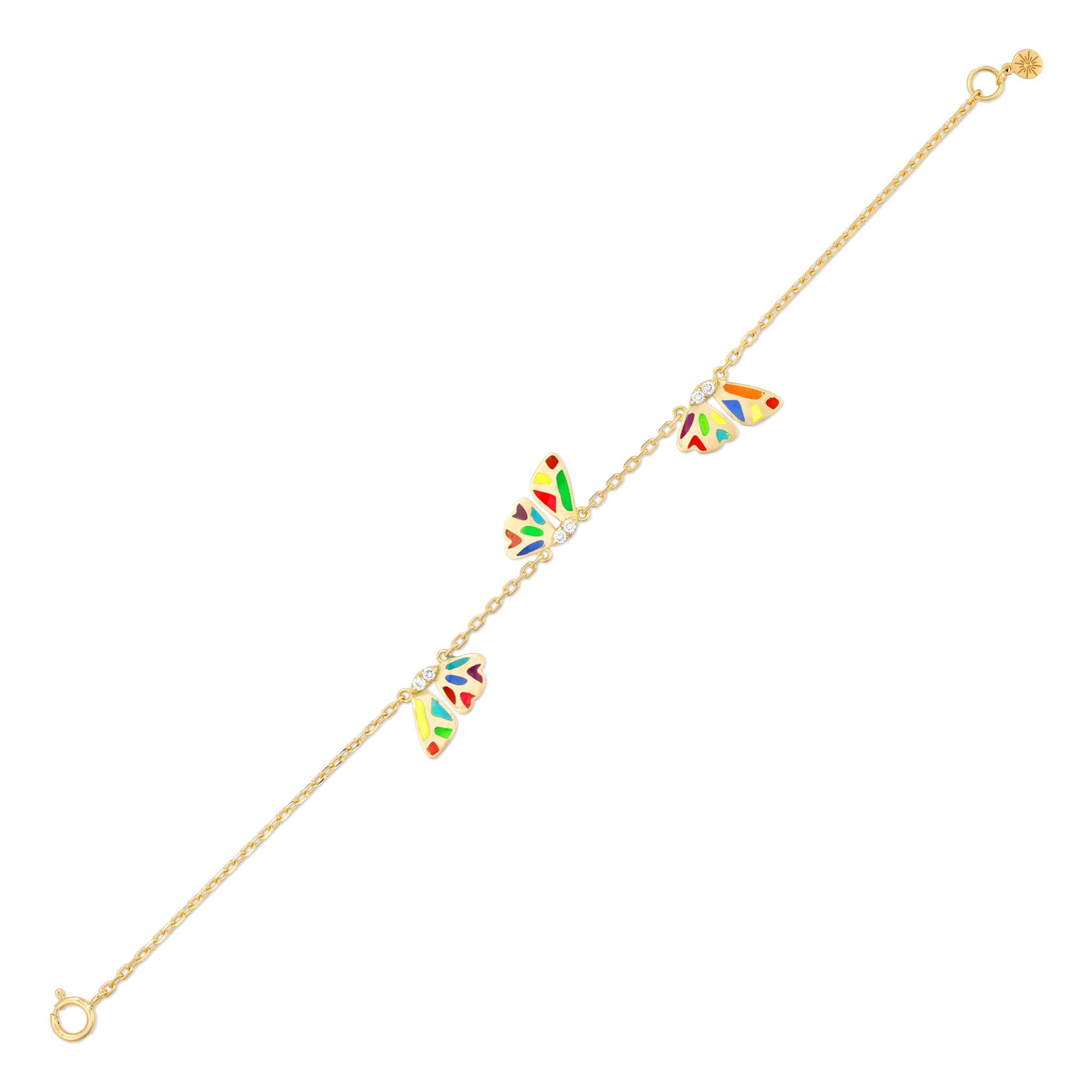18k gold butterfly wing bracelet with multicolor enamel and diamond accents