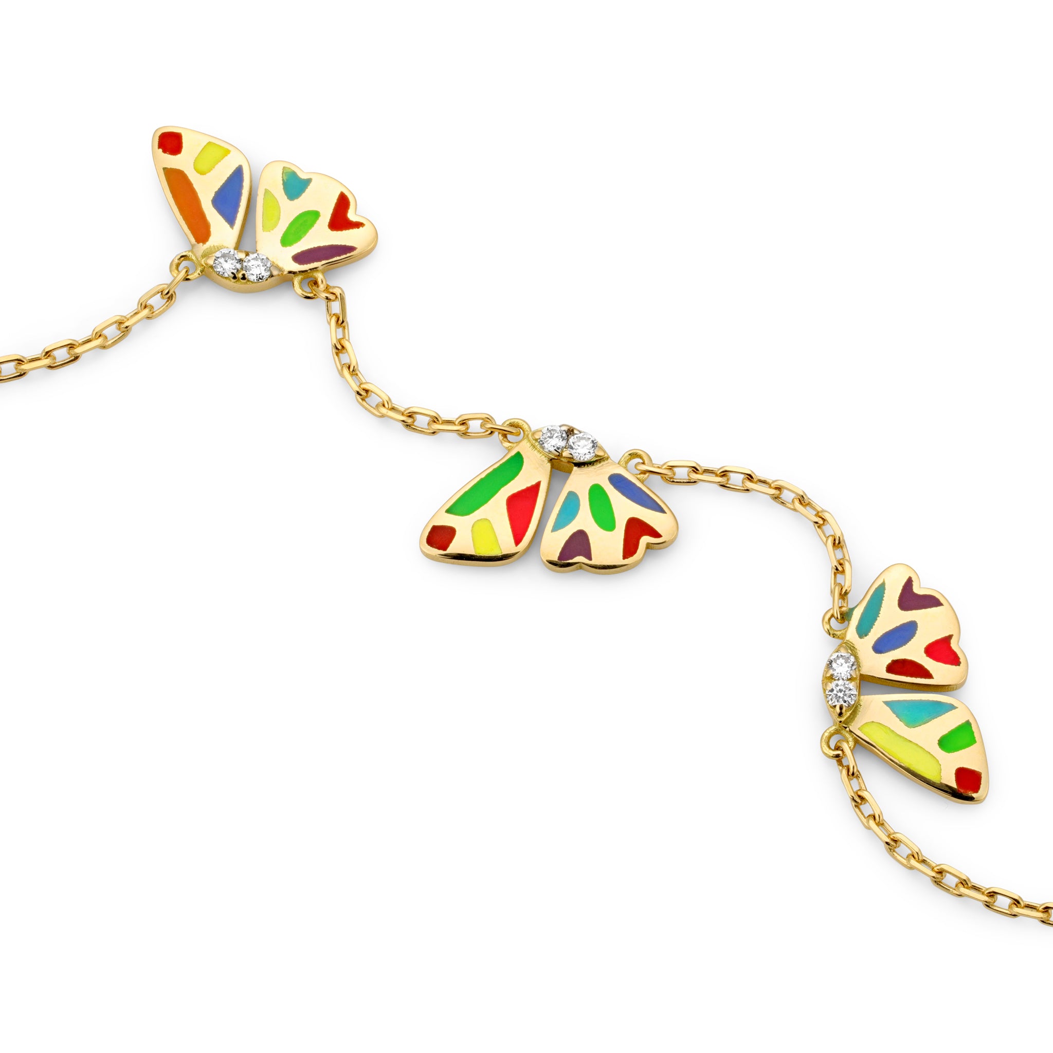 18k gold butterfly wing bracelet with multicolor enamel and diamond accents