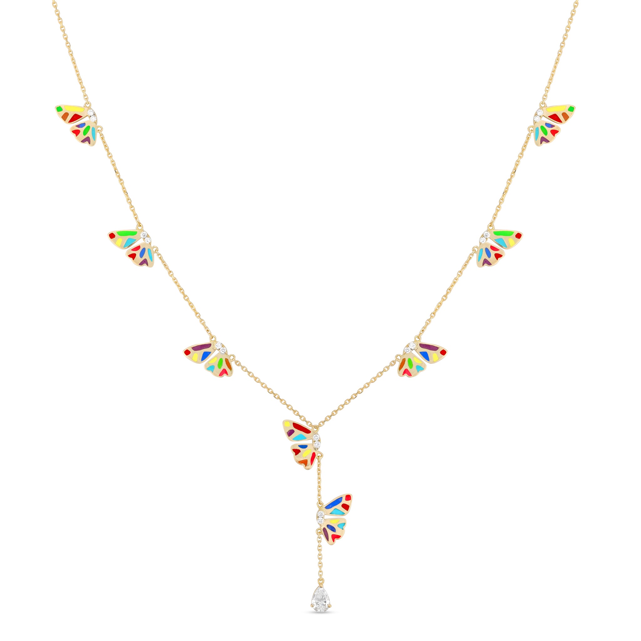 18k gold butterfly lariat necklace with multicolor enamel and diamond pendant