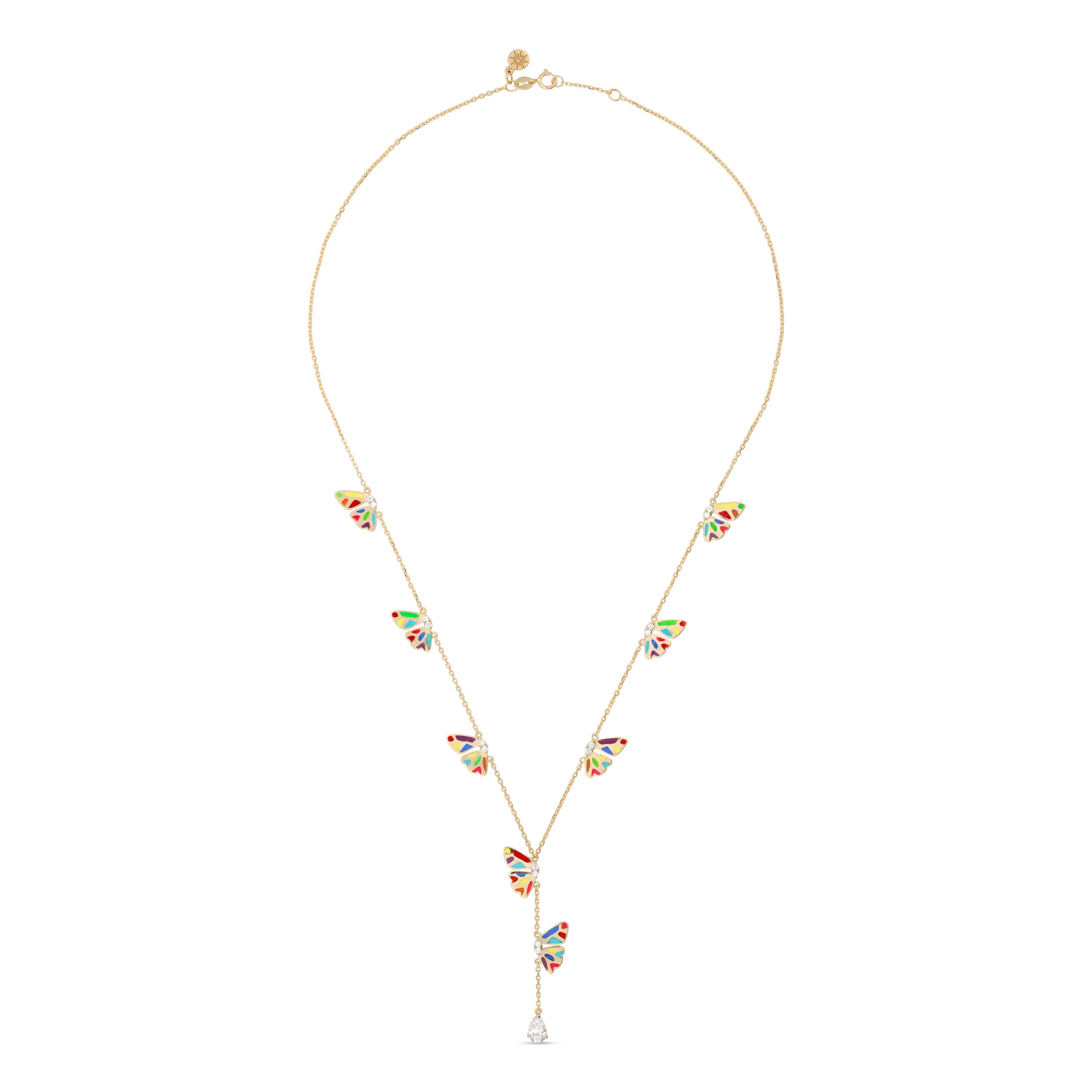 18k gold butterfly lariat necklace with multicolor enamel and diamond pendant