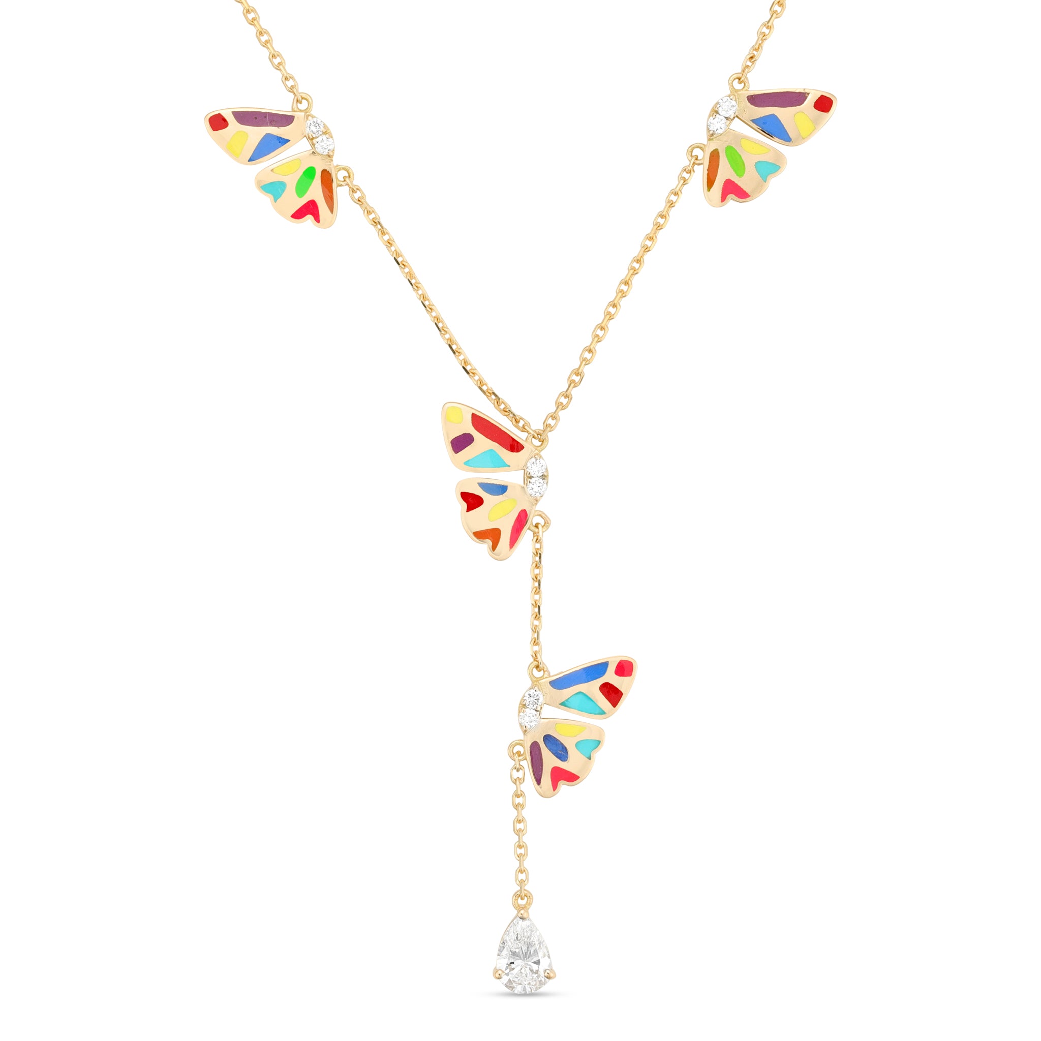 18k gold butterfly lariat necklace with multicolor enamel and diamond pendant